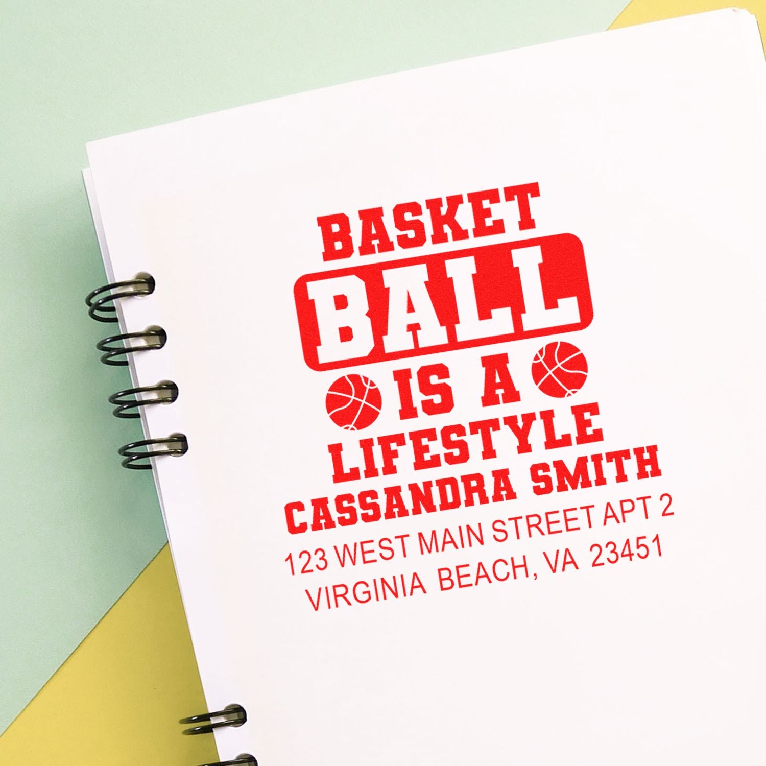 Custom basketball rubber stamp with personalized name and address, perfect for sports-themed stationery and fan gifts.