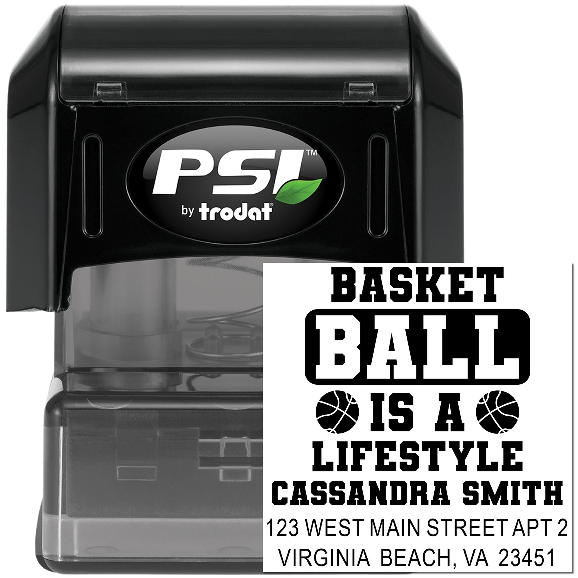 Custom basketball return address rubber stamp by PSI by Trodat with personalized name, address, and sports-themed design.