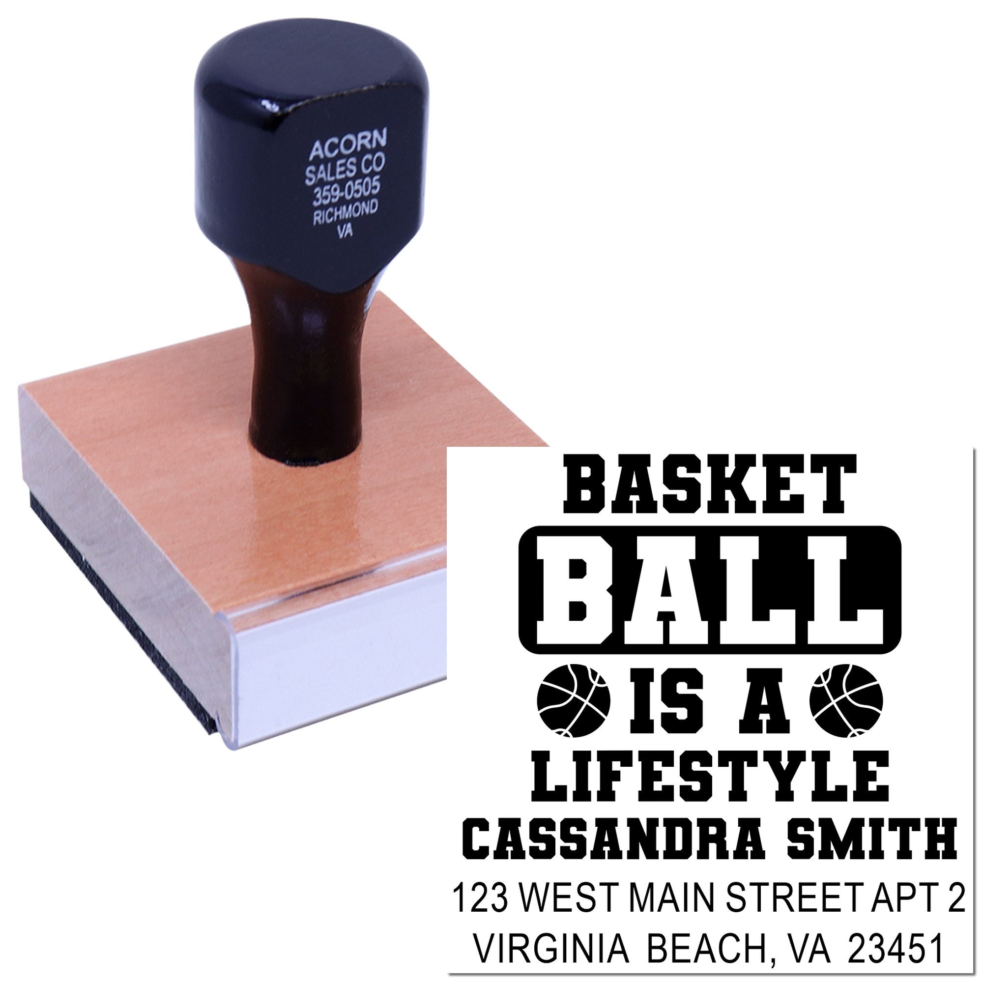 Custom basketball-themed rubber stamp with personalized name and address for sports stationery and mailings.