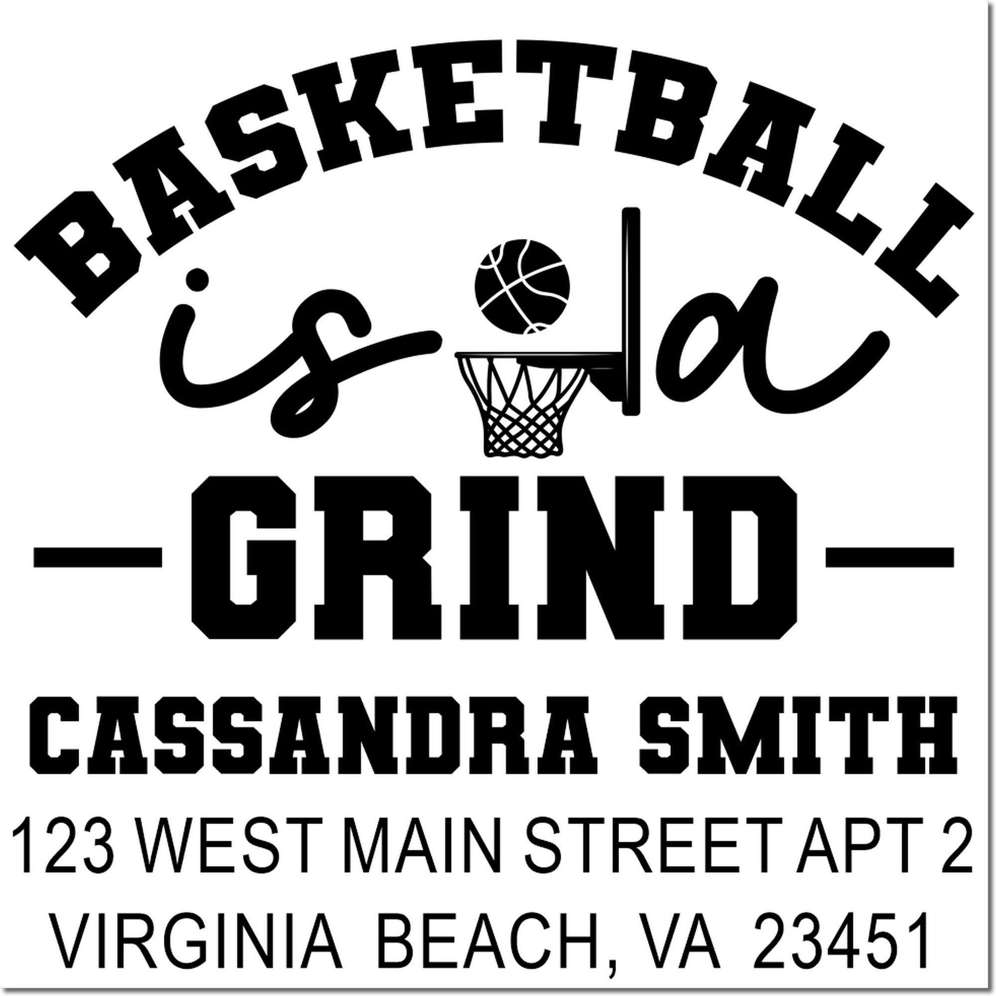 Personalized basketball grind rubber stamp for Cassandra Smith with address in Virginia Beach, VA and hoop icon.