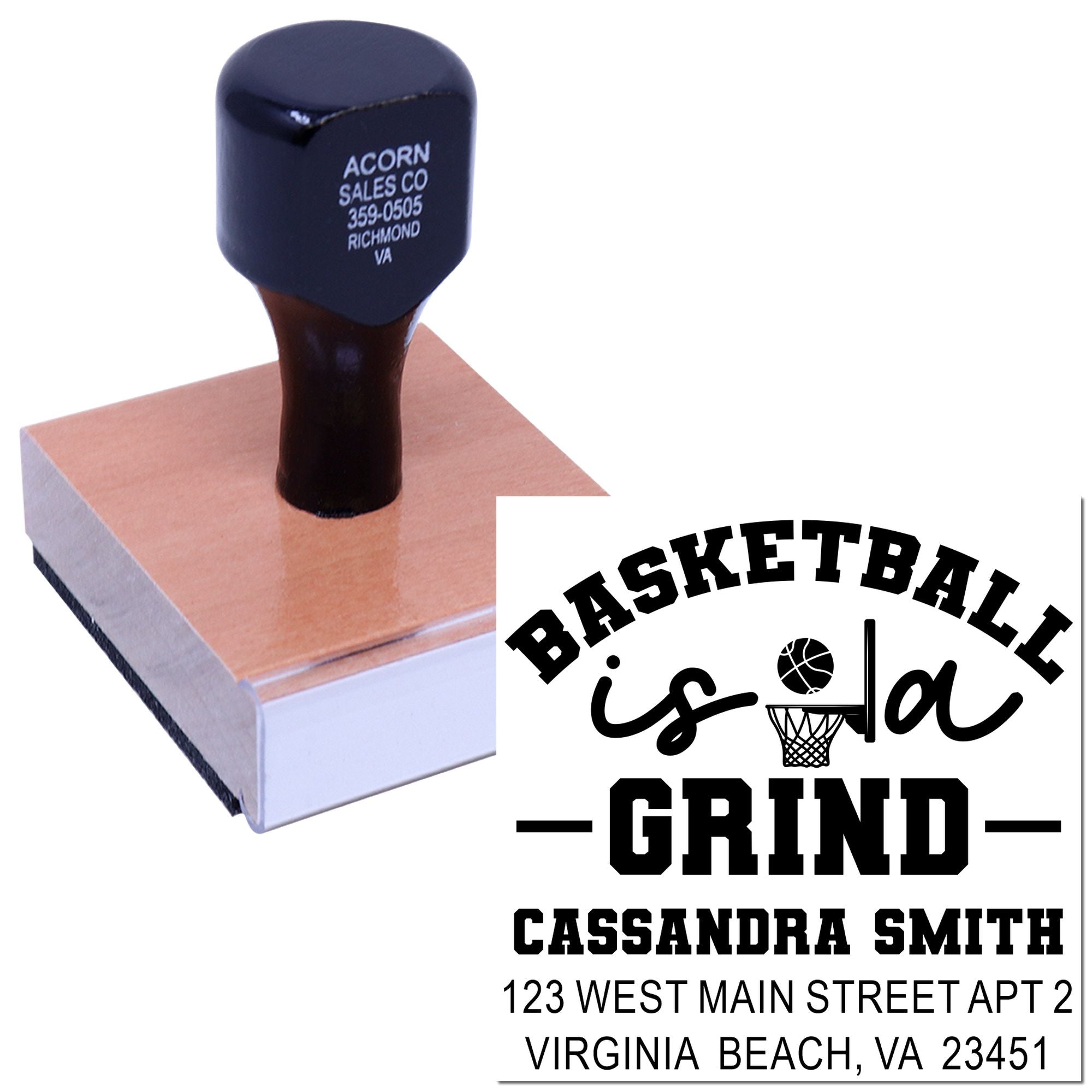 Custom basketball rubber stamp with personalized Basketball is a Grind design for players, coaches, and team branding.