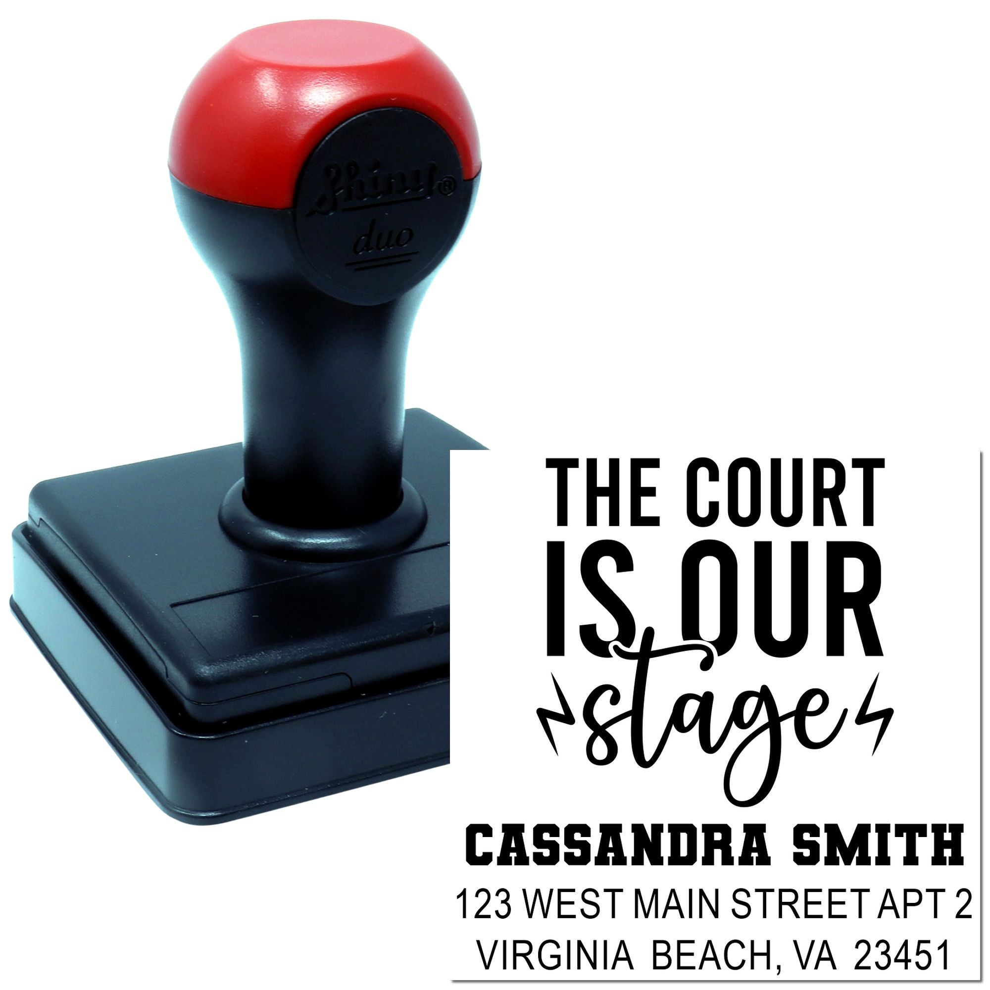 Personalized self-inking rubber stamp featuring The Court Is Our Stage design with name and address.