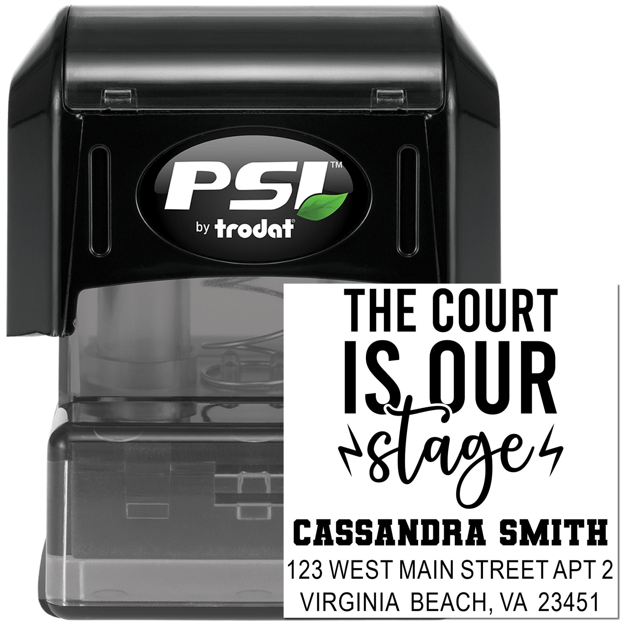 Personalized self-inking return address stamp by PSI by Trodat with custom name, address and The Court Is Our Stage design.