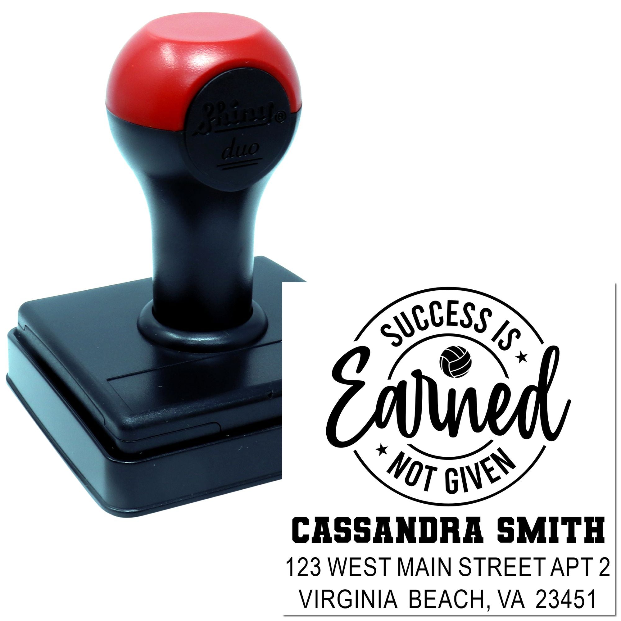 Custom self-inking rubber stamp with Success Is Earned Not Given design, personalized name and address imprint.