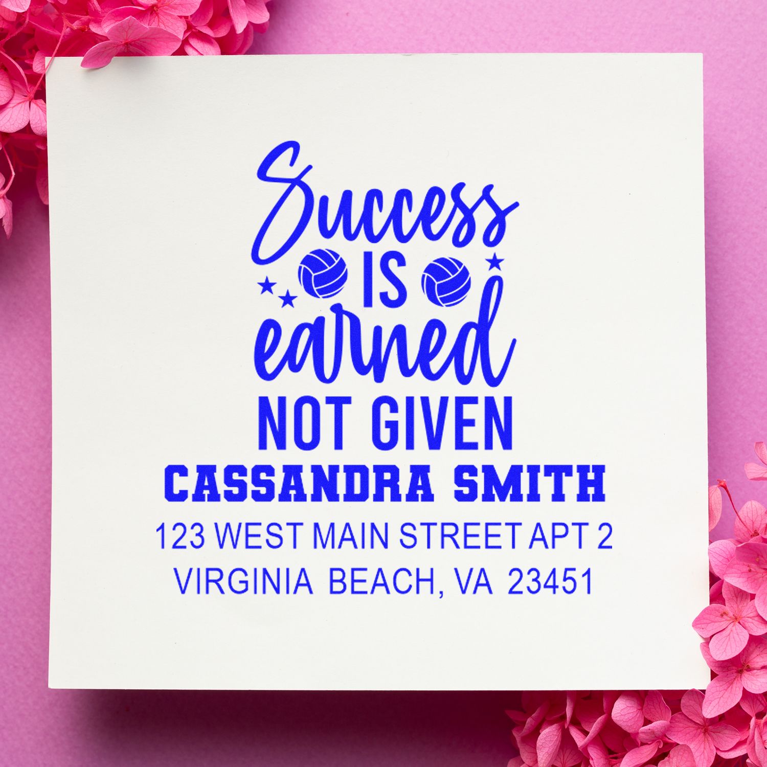 Custom volleyball address rubber stamp with Success Is Earned, Not Given and personalized name and address.