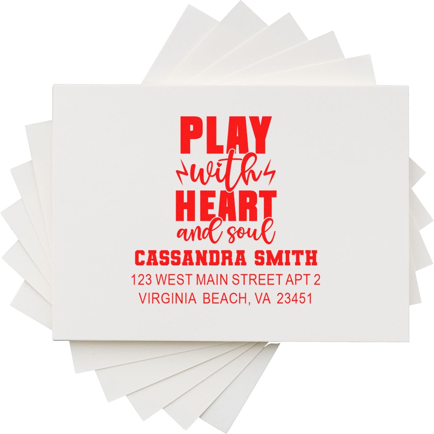 Custom rubber return address stamp with Play with heart and soul for Cassandra Smith, Virginia Beach, VA