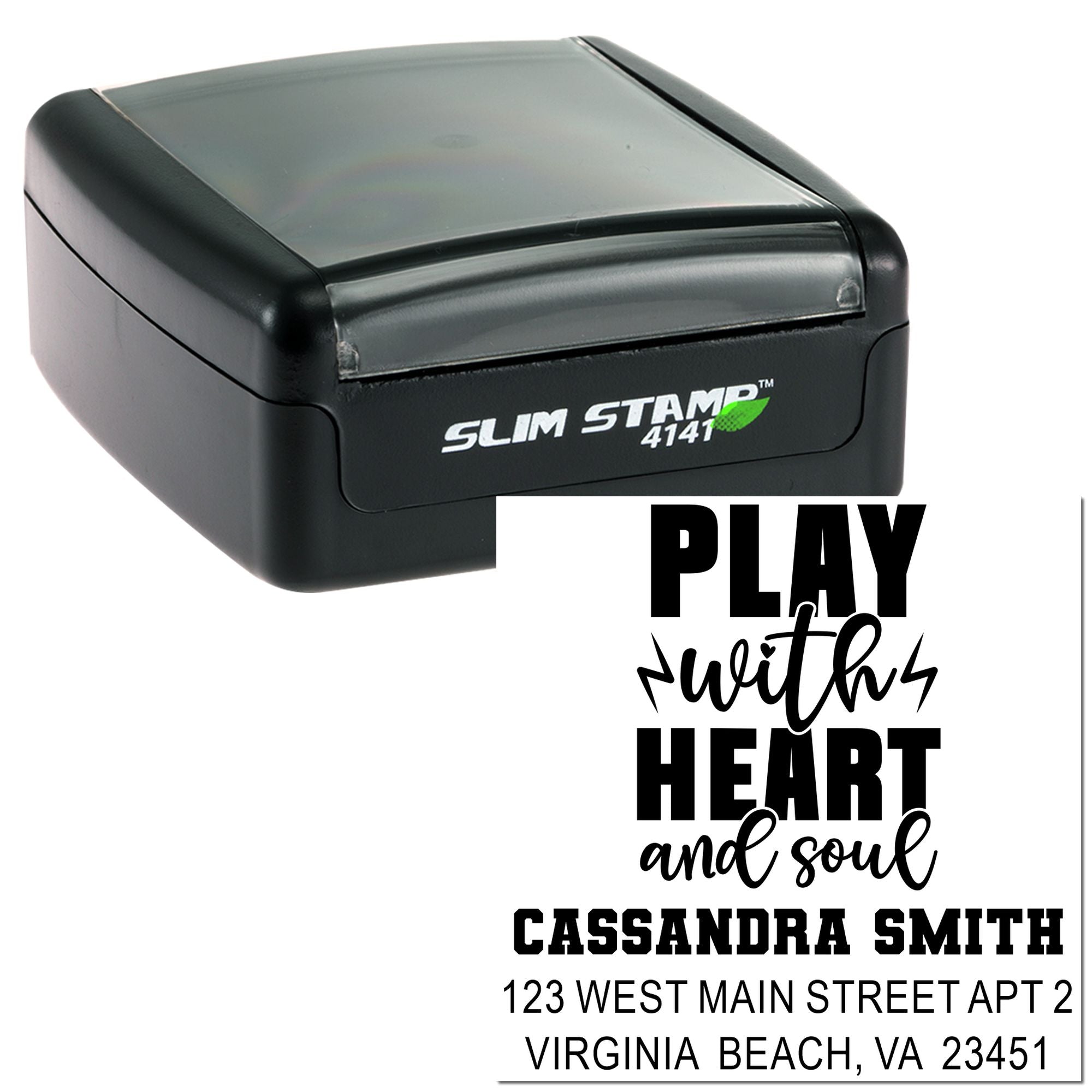 Custom self-inking Slim Stamp 4141 rubber stamp with personalized return address and inspirational quote design.