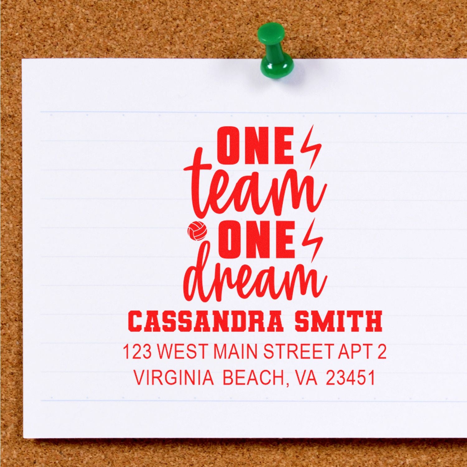 Custom rubber stamp with One Team One Dream and personalized name and address for sports team stationery.