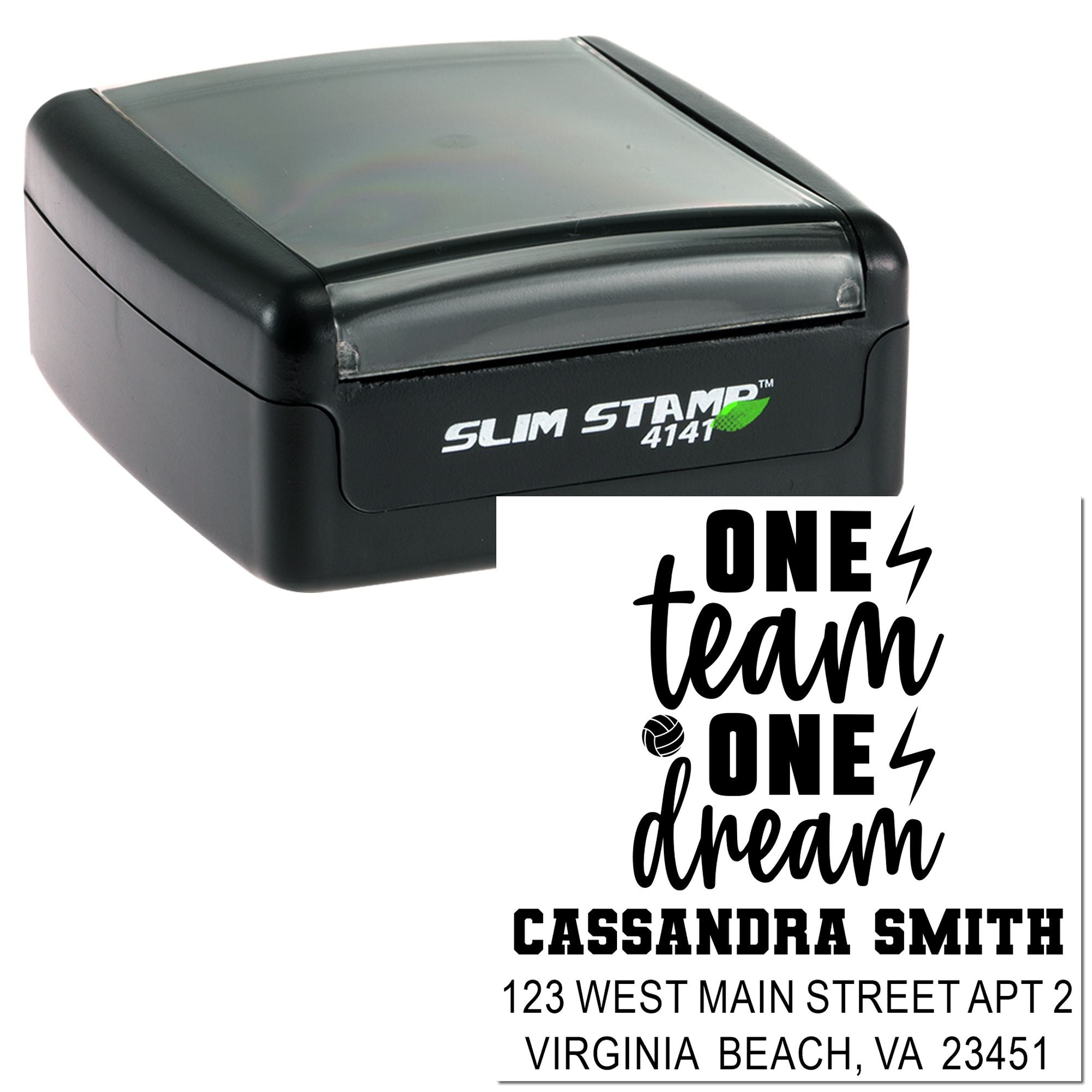 Slim Stamp 4141 self-inking rubber stamp with custom address and One team one dream imprint sample.