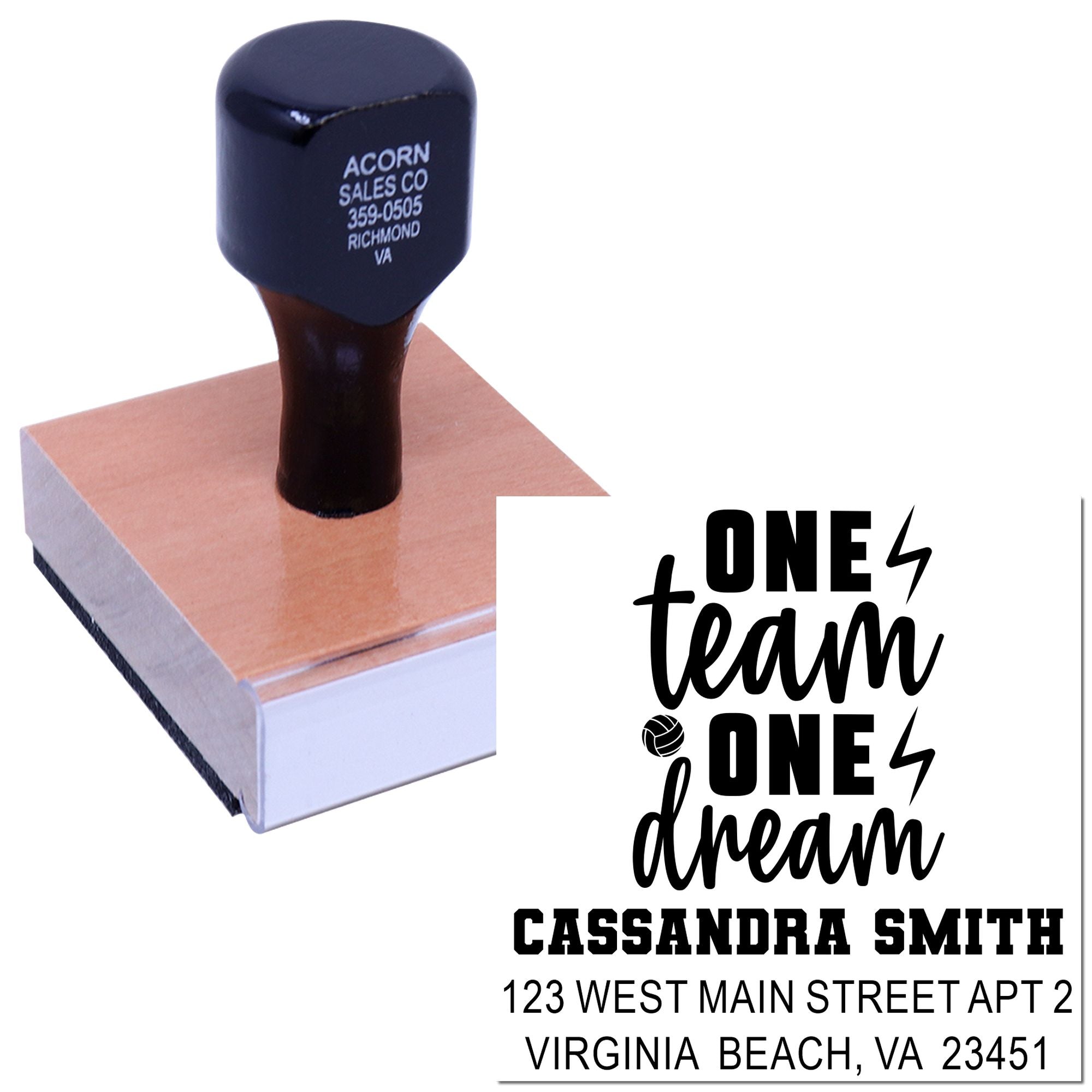 Custom rubber stamp with personalized address design and One Team One Dream slogan for team or business branding.