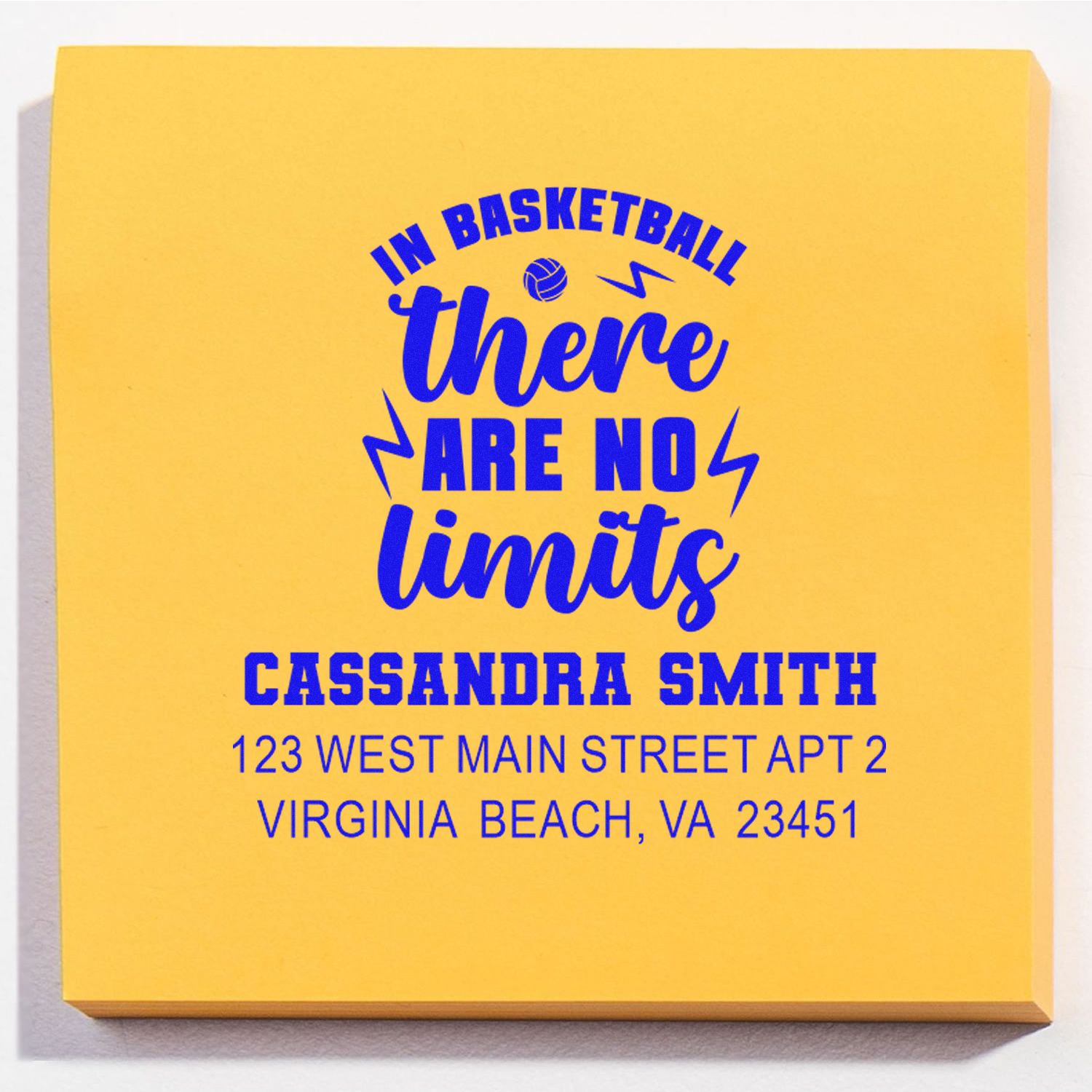 Custom basketball rubber stamp with motivational quote, Cassandra Smith name, and Virginia Beach return address.