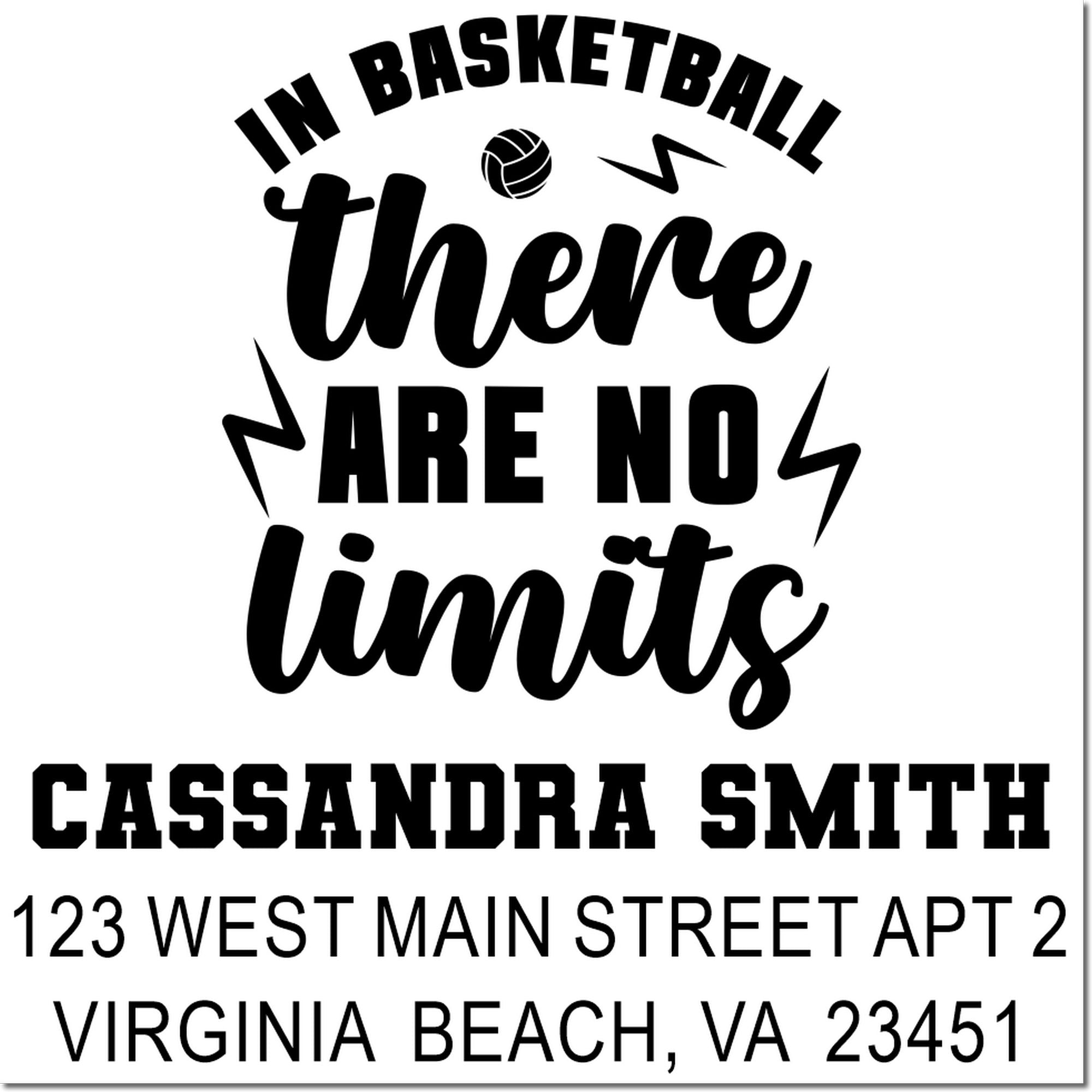 Custom basketball return address rubber stamp for Cassandra Smith, Virginia Beach, VA 23451.