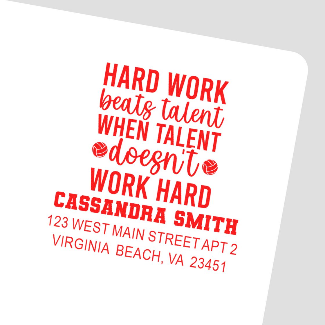Custom rubber stamp with motivational quote, name, and return address for personalized mailing, branding, and packaging.