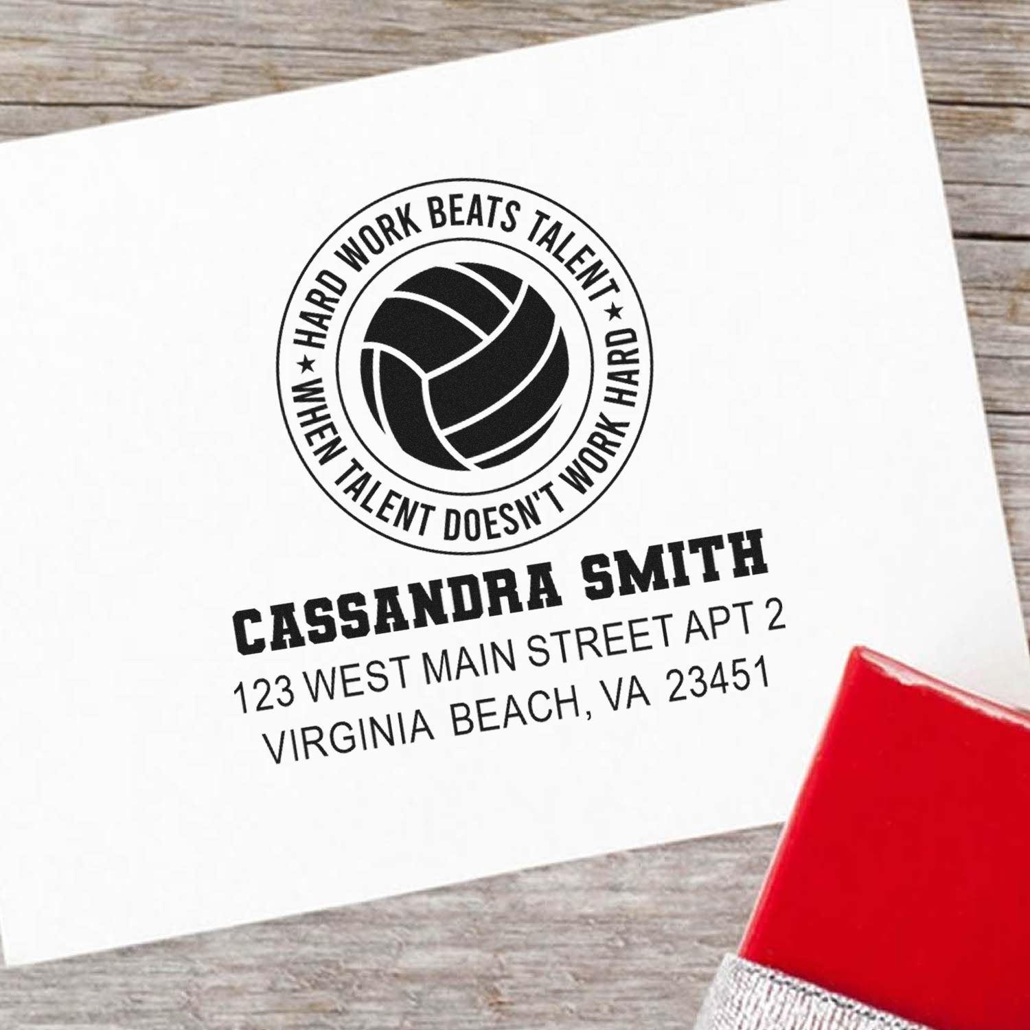 Personalized rubber stamp with volleyball logo, motivational quote, and return address for Cassandra Smith, Virginia Beach.