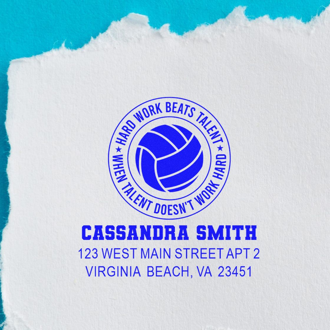 Custom rubber address stamp for Cassandra Smith in Virginia Beach with volleyball logo and motivational quote.