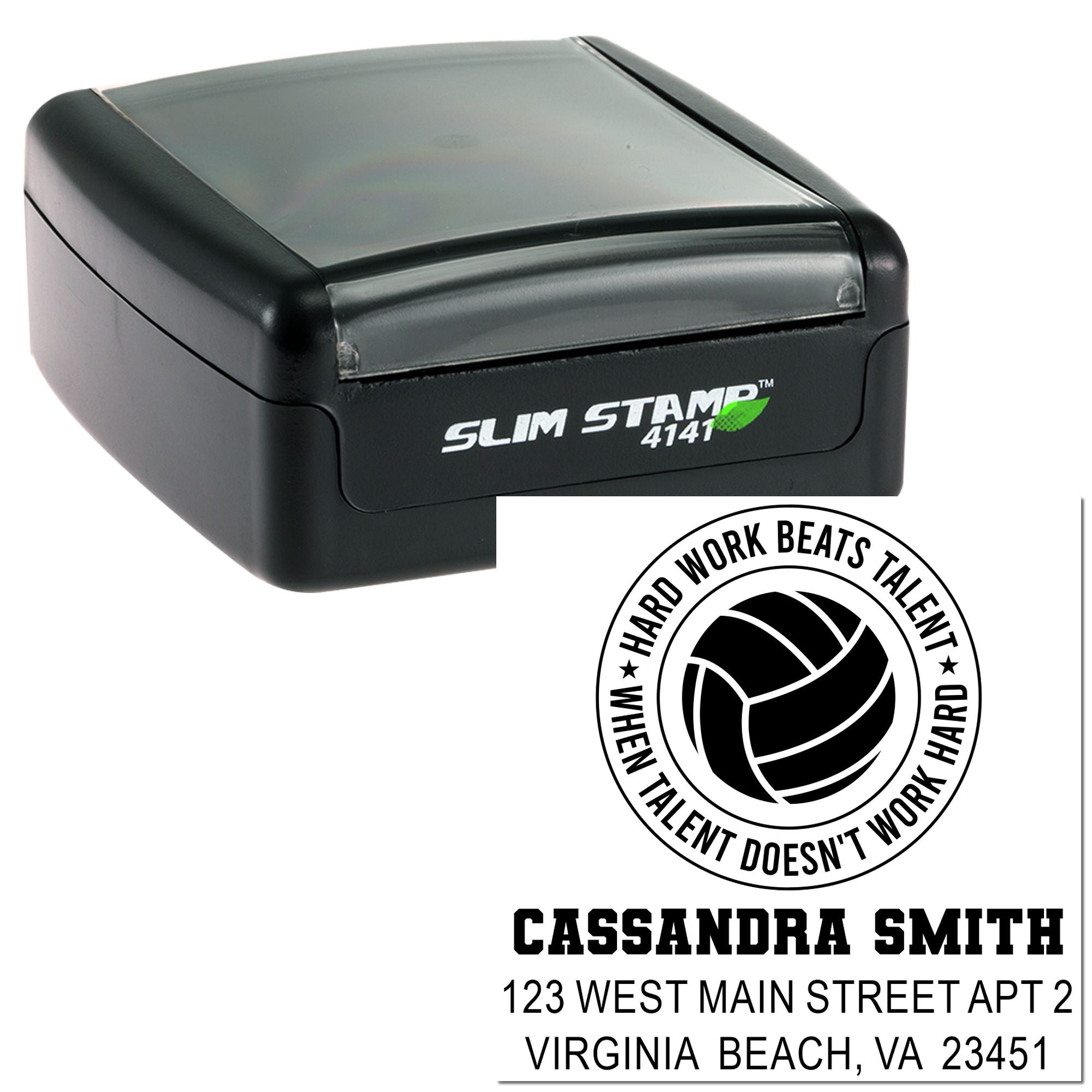 Custom self-inking rubber address stamp with volleyball design, name and address; Slim Stamp 4141 personalized stamp.