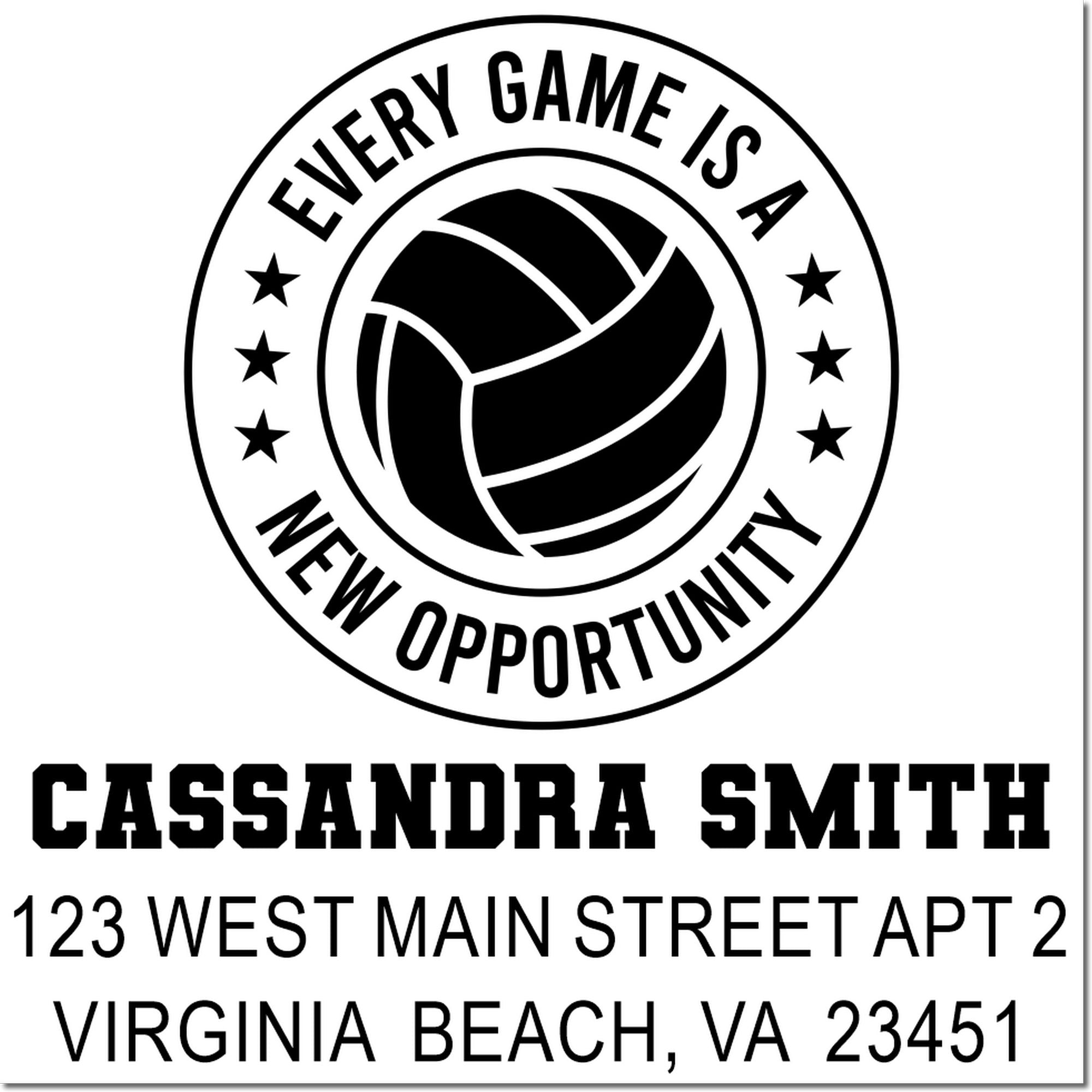 Custom volleyball address rubber stamp for Cassandra Smith, Virginia Beach VA, with personalized name and mailing address.