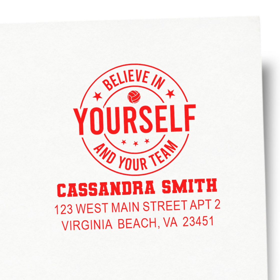 Custom rubber stamp with motivational logo, name, and return address for Cassandra Smith in Virginia Beach, VA.