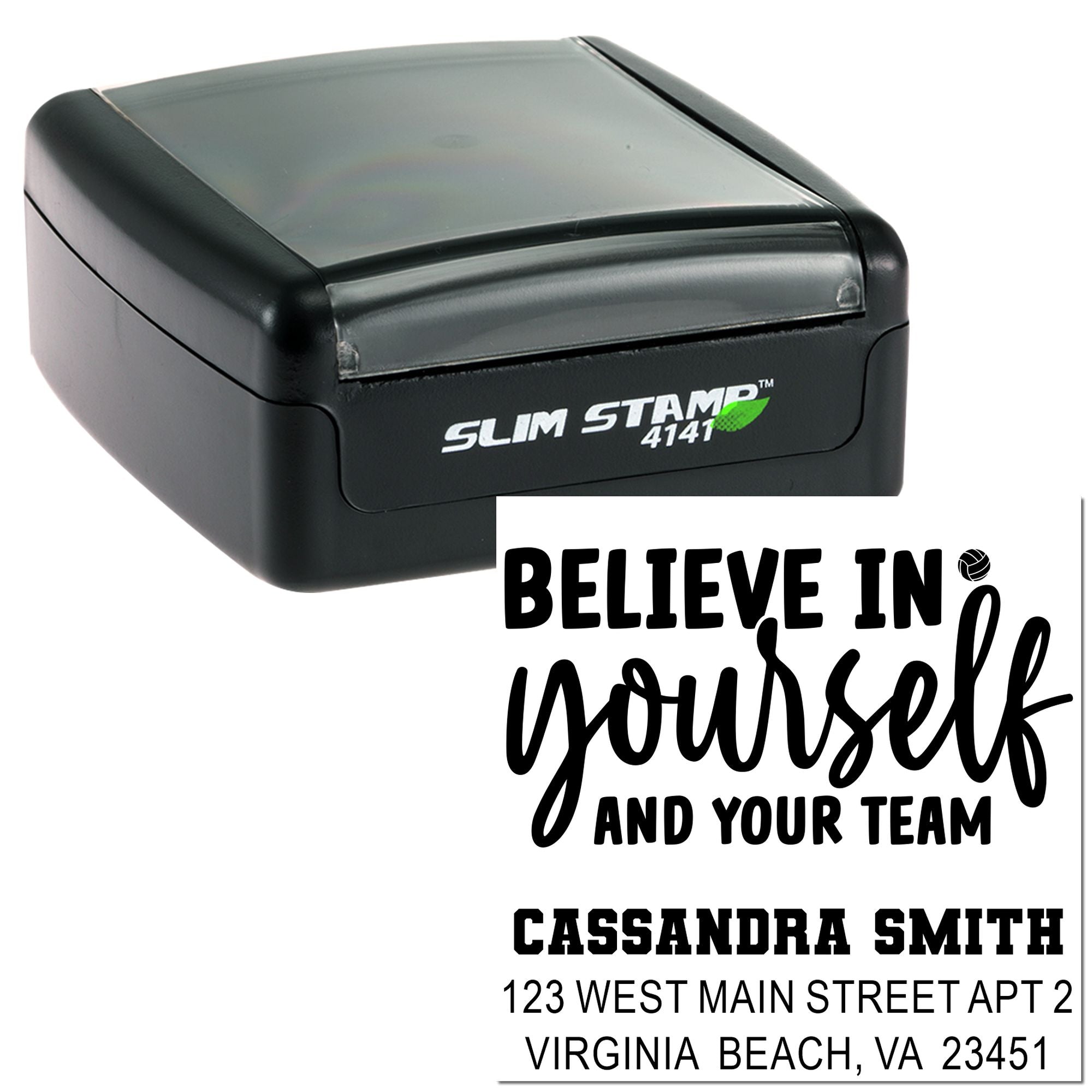 Slim Stamp 4141 custom self-inking rubber stamp with motivational quote: Believe in yourself and your team.