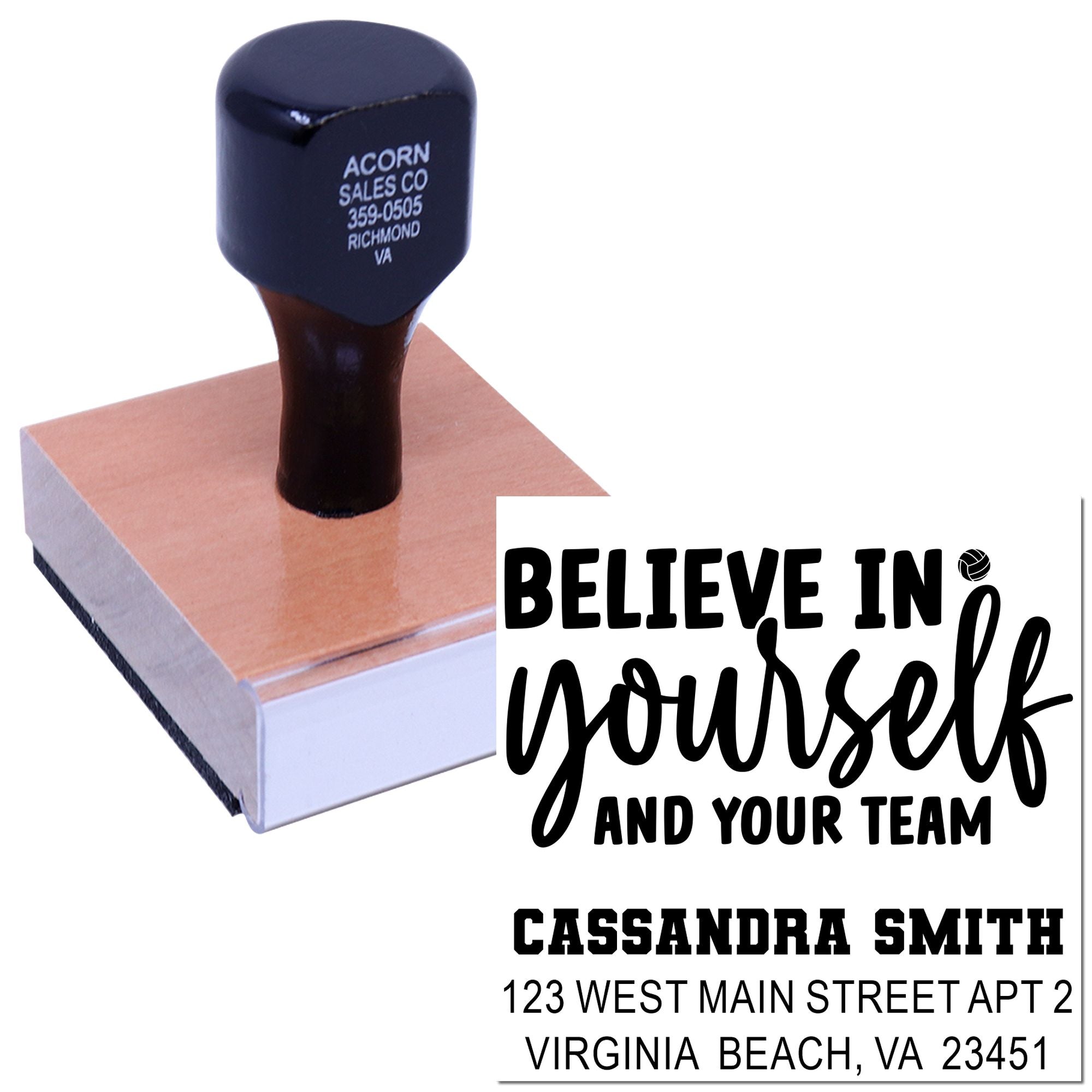 Personalized rubber stamp with motivational quote and return address for Cassandra Smith, ideal for business mailings.