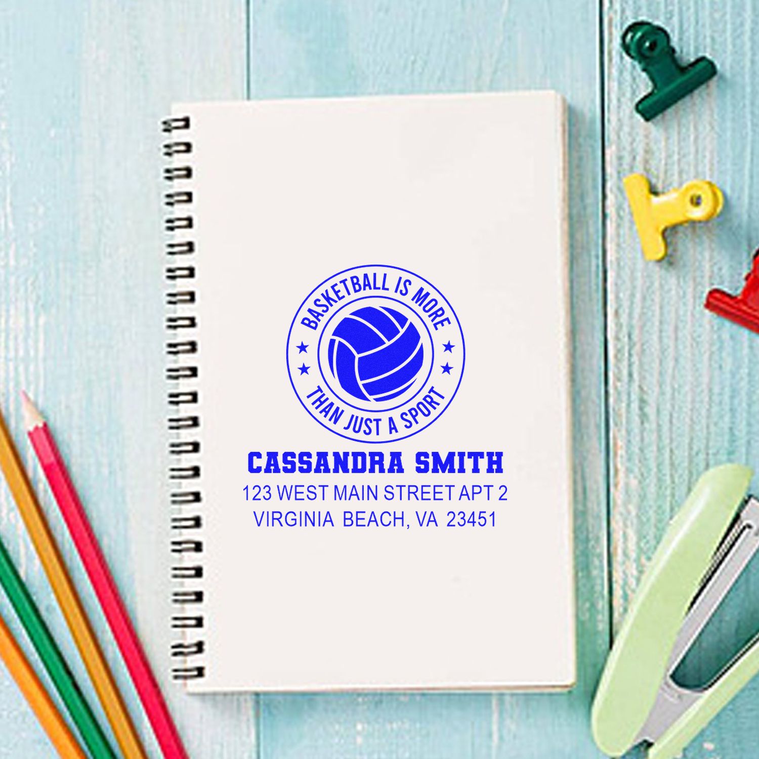 Custom basketball address rubber stamp imprint on notebook, personalized with name and Virginia Beach address.