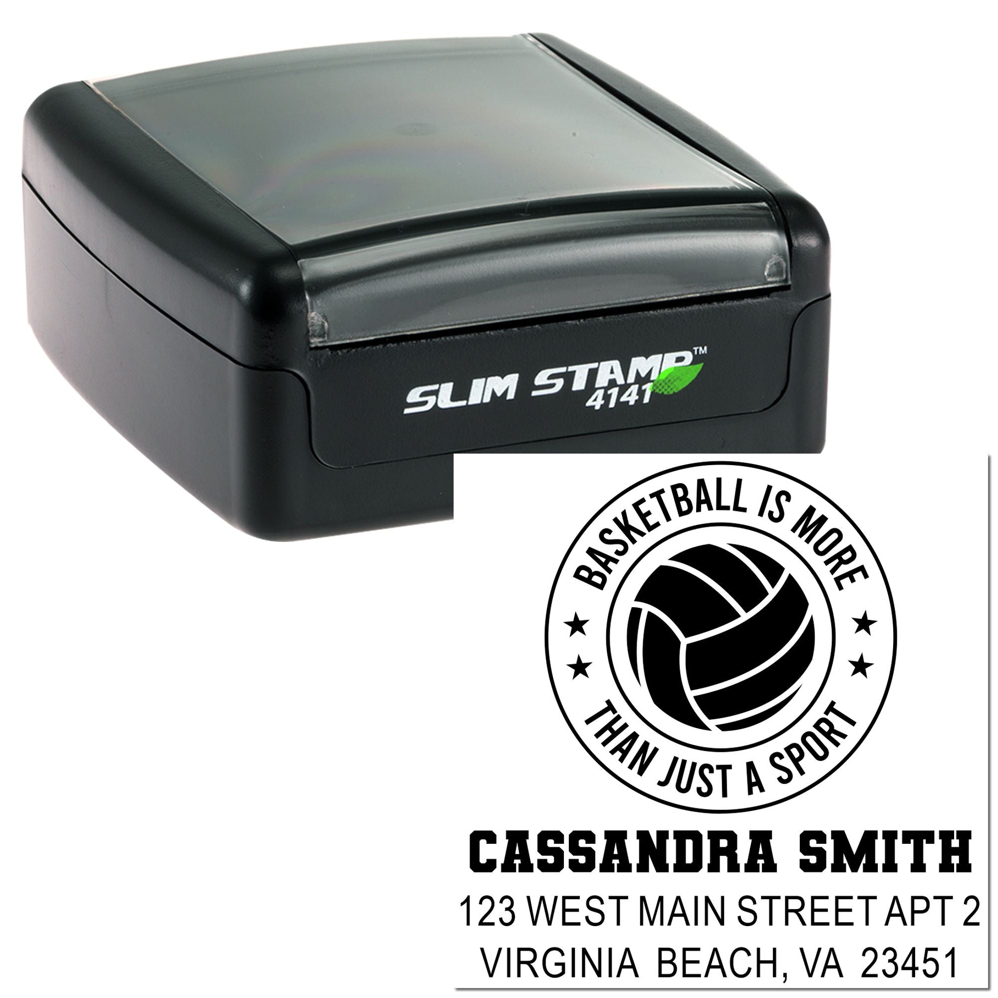 Personalized self-inking rubber stamp with basketball logo, name, and address for Virginia Beach, VA.
