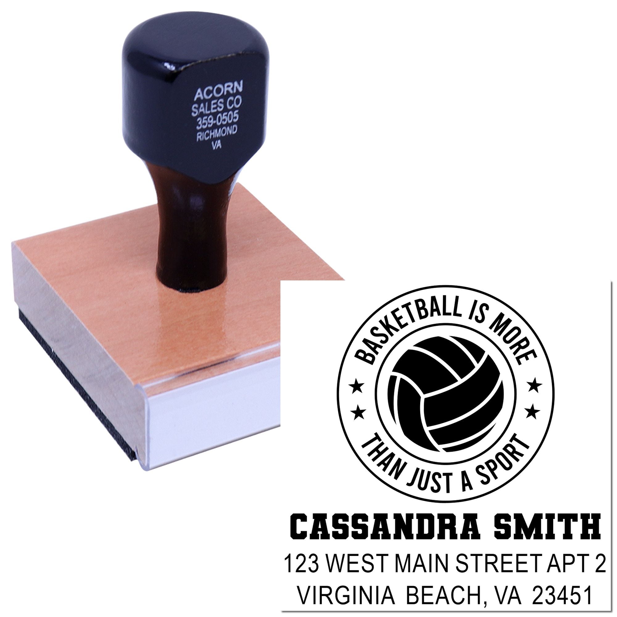 Custom basketball rubber address stamp for Cassandra Smith with name, address, and sports logo design.