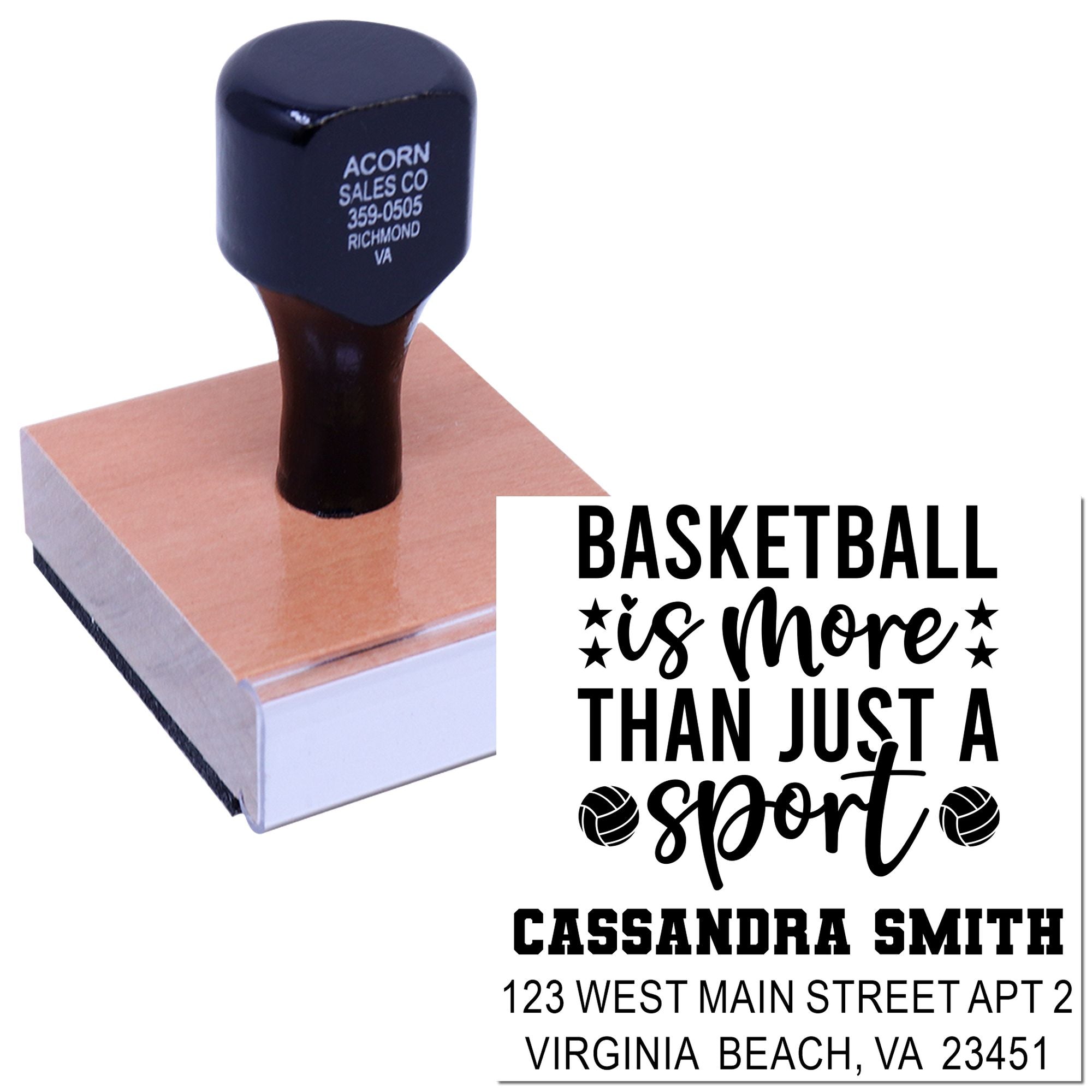 Custom basketball rubber stamp with personalized Basketball Is More Than Just A Sport name and address design.