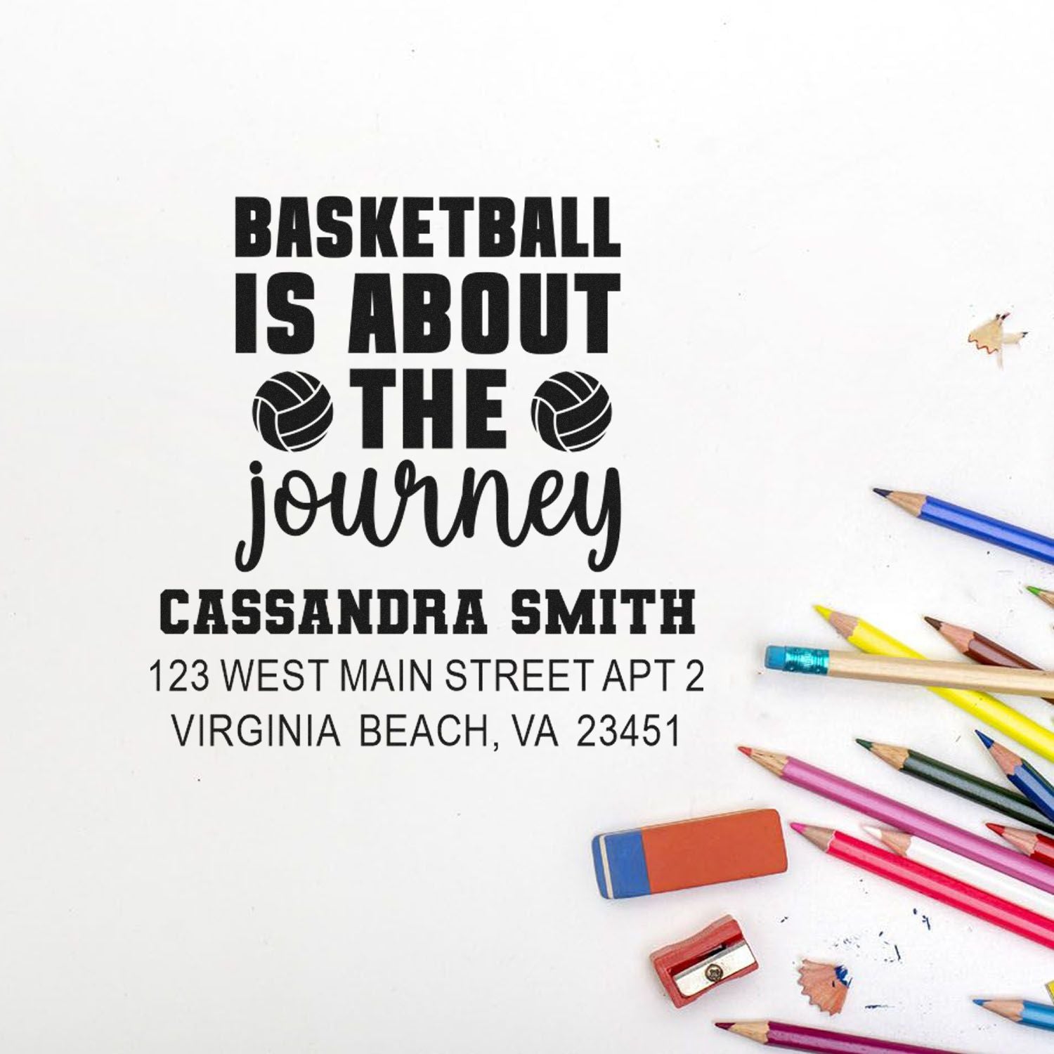 Personalized basketball return address stamp with inspirational quote, name, and address for custom sports stationery.