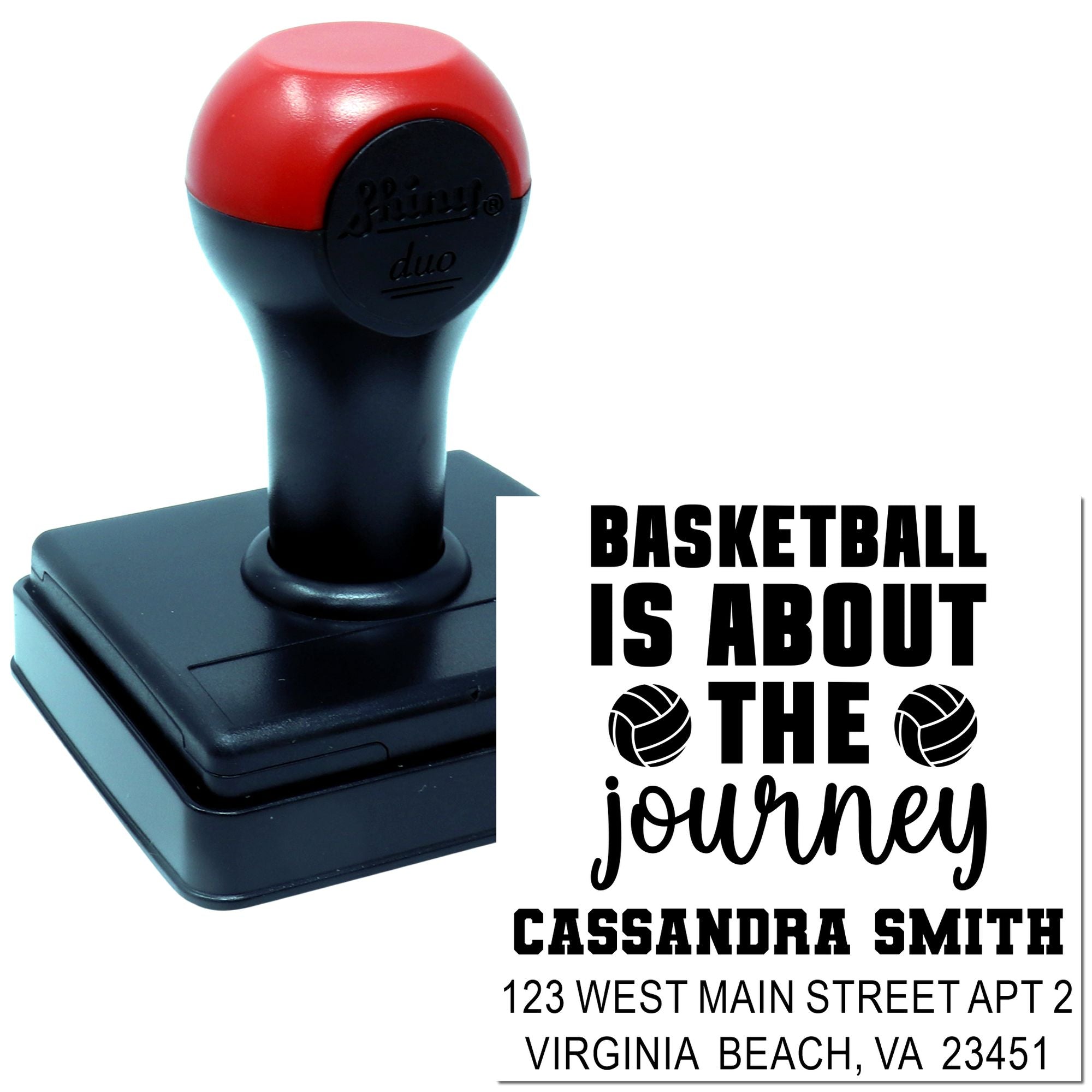 Custom basketball self-inking rubber stamp with personalized name and address for sports-themed mail and packaging
