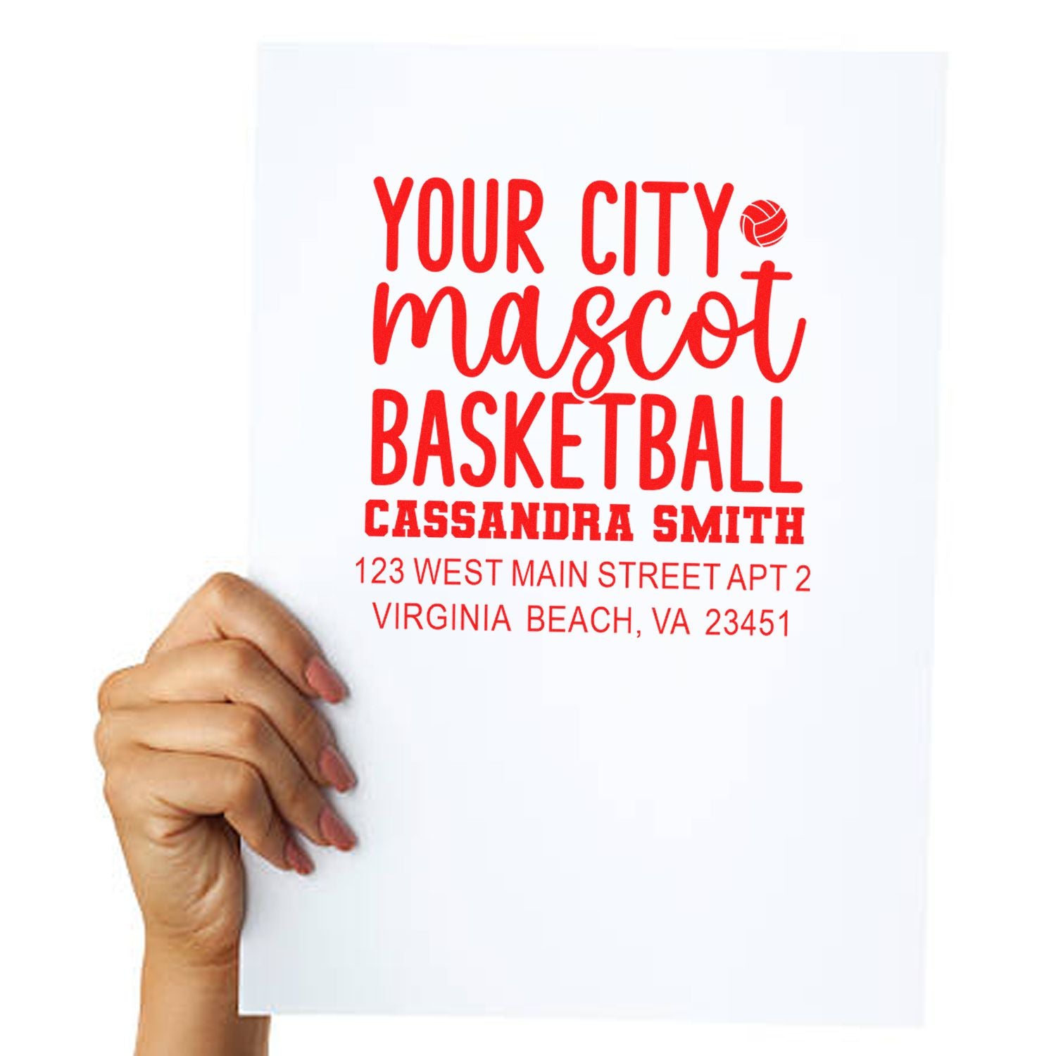 Custom basketball mascot return address rubber stamp for Cassandra Smith in Virginia Beach, VA