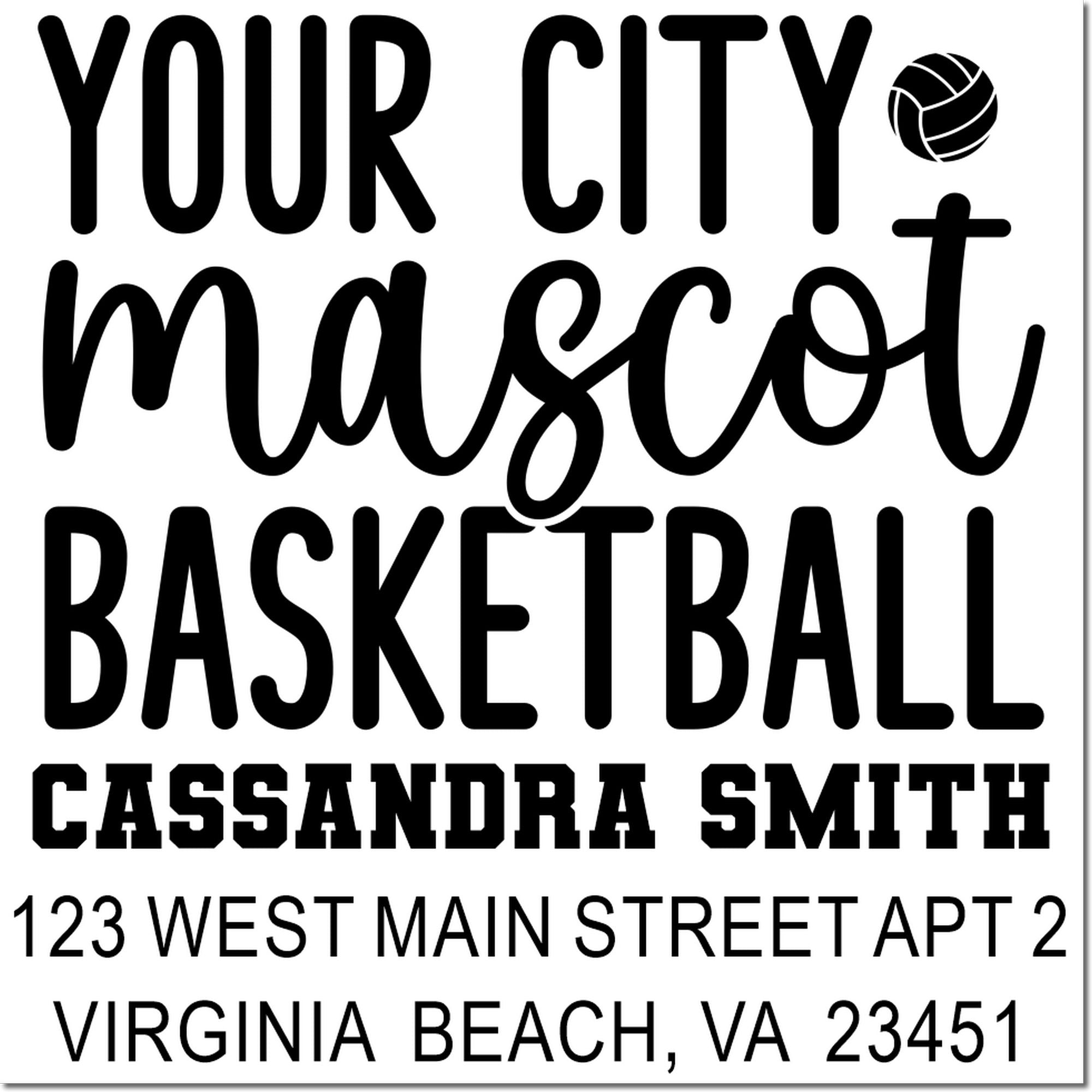 Custom basketball rubber stamp with return address for Cassondra Smith, Virginia Beach, VA 23451