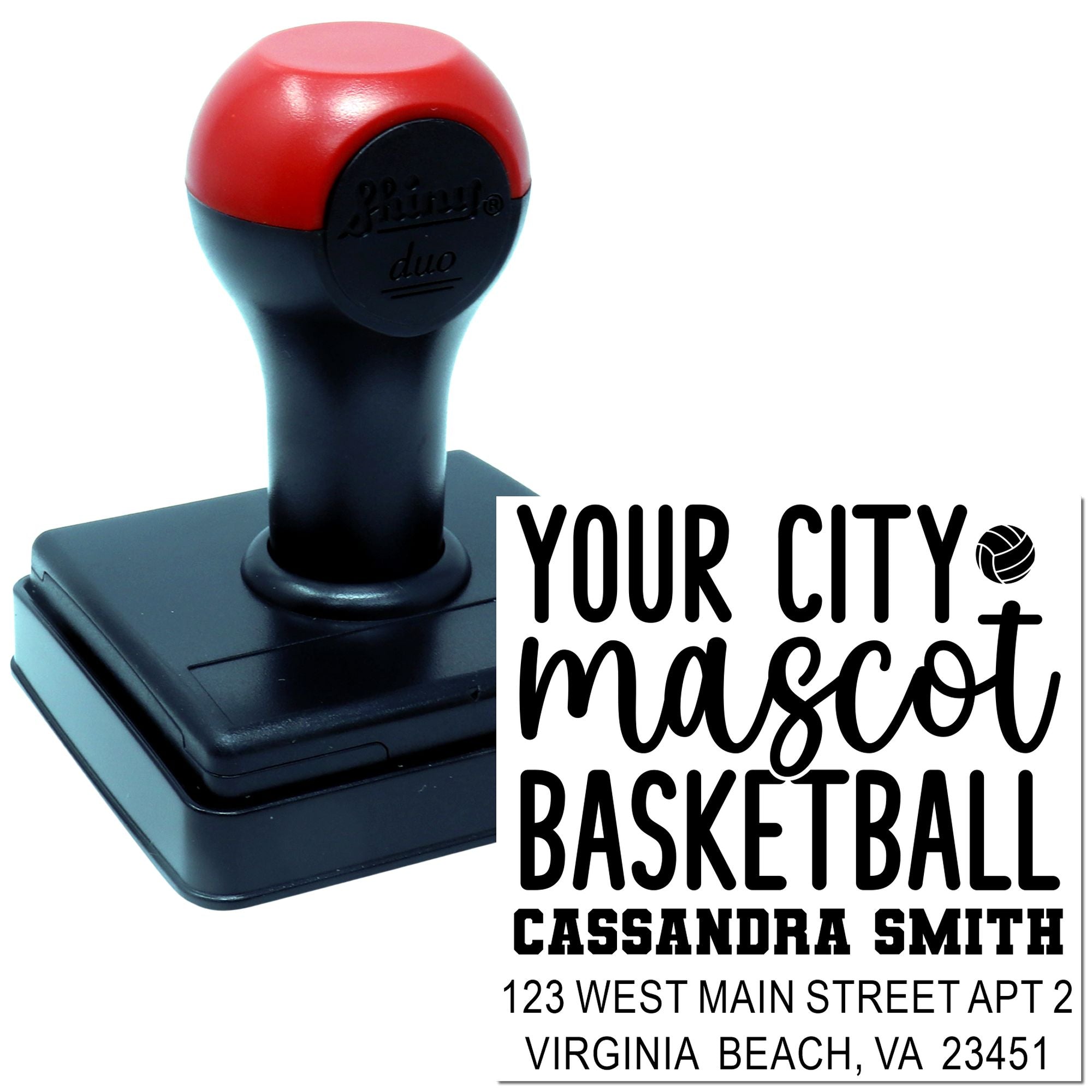 Custom basketball return address rubber stamp with personalized name, address, and mascot design imprint