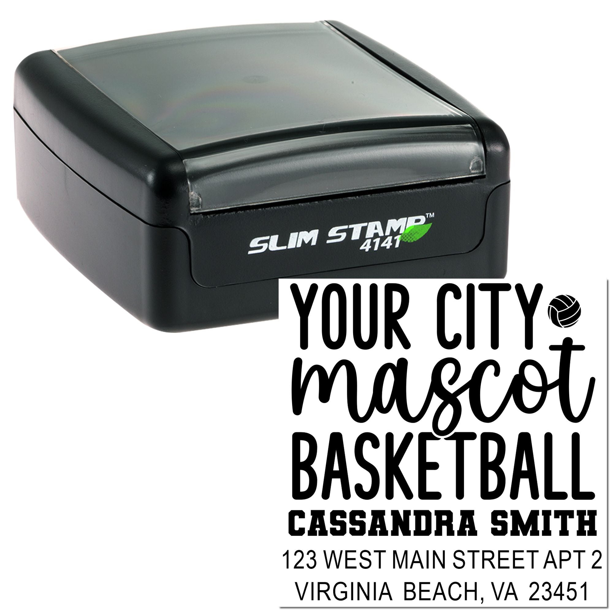 Custom self-inking rubber stamp for basketball-themed return addresses, shown with Slim Stamp 4141 and sample imprint.