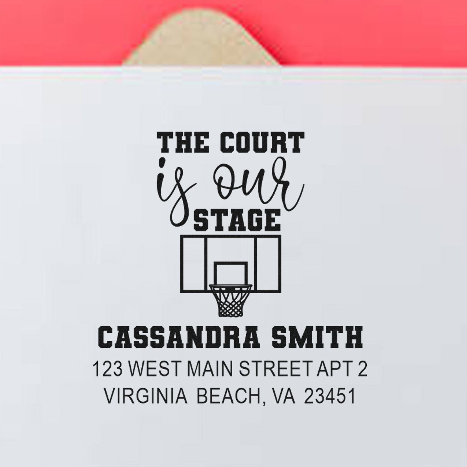 Custom basketball return address rubber stamp with "The Court Is Our Stage," Cassandra Smith, Virginia Beach address.