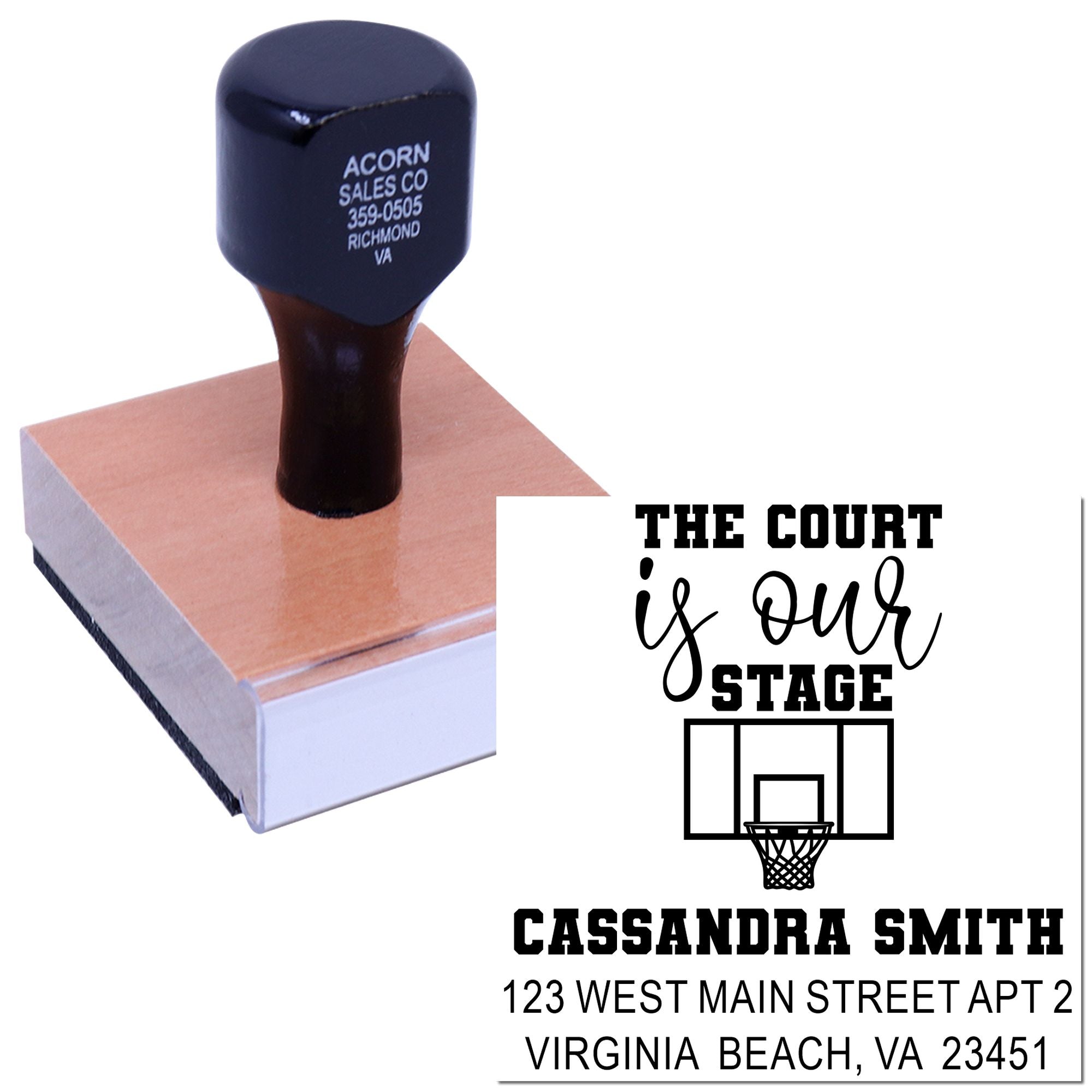 Custom basketball rubber stamp with The Court Is Our Stage design, name and address for personalized sports stationery.