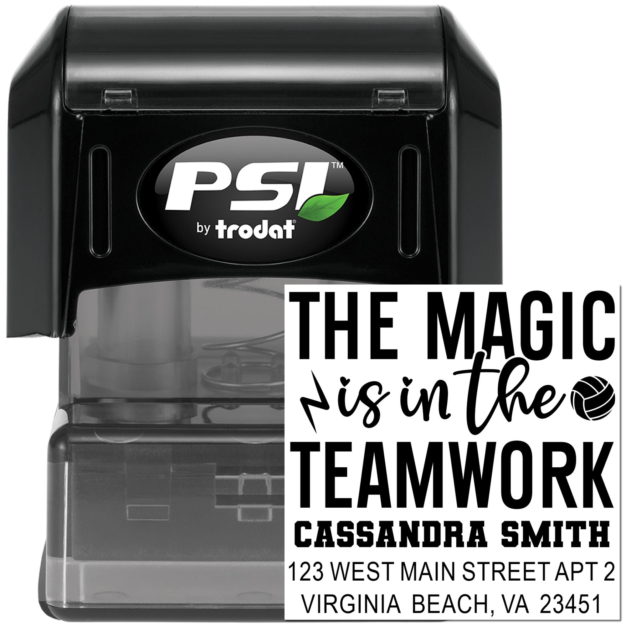 Custom self-inking rubber stamp by PSI Trodat with motivational teamwork design and address imprint.