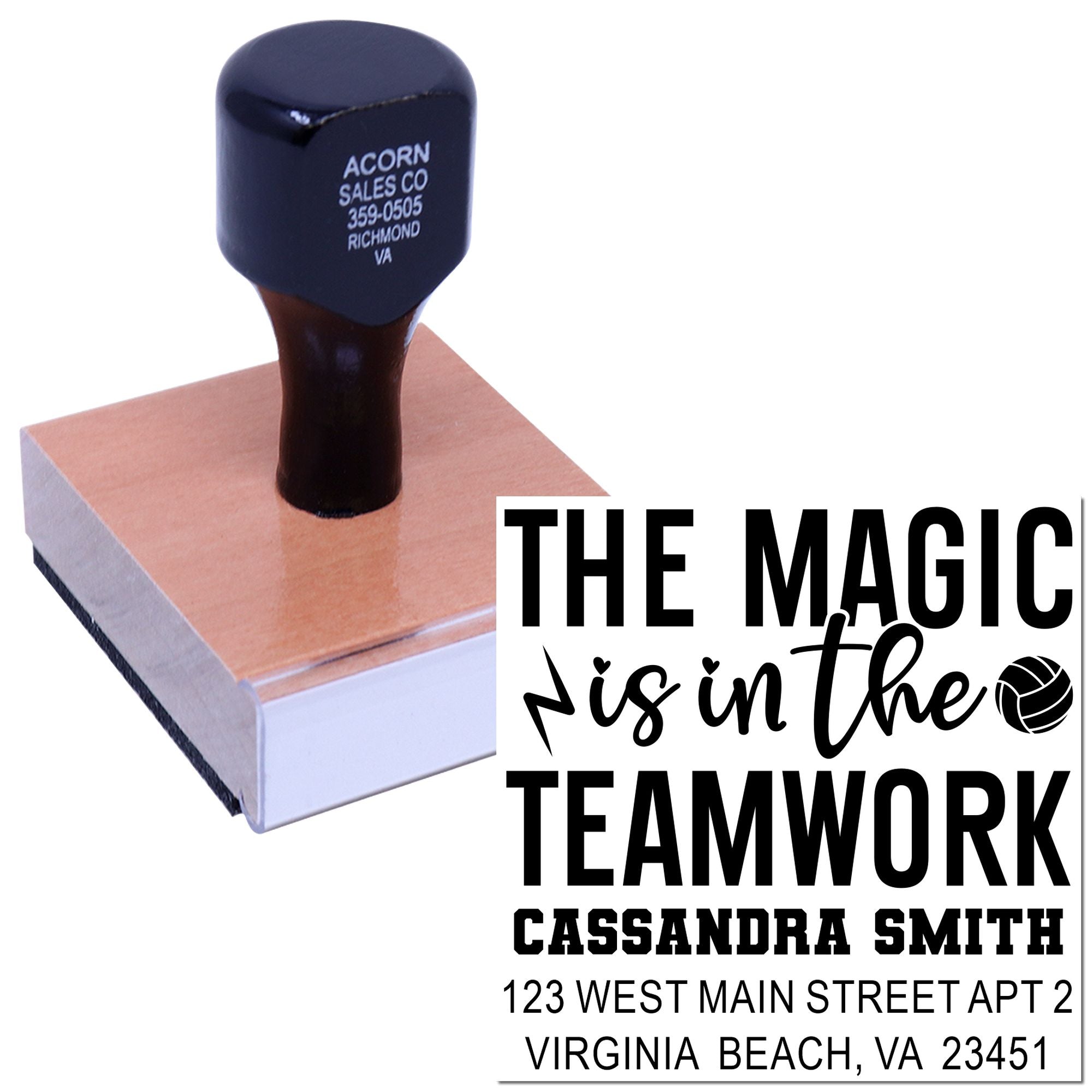 Custom rubber stamp with The Magic Is in the Teamwork design and personalized name and address imprint.