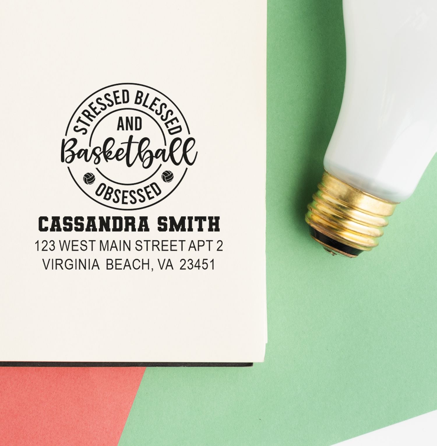 Custom basketball address rubber stamp with Stressed Blessed and Basketball Obsessed and a name and address imprint.