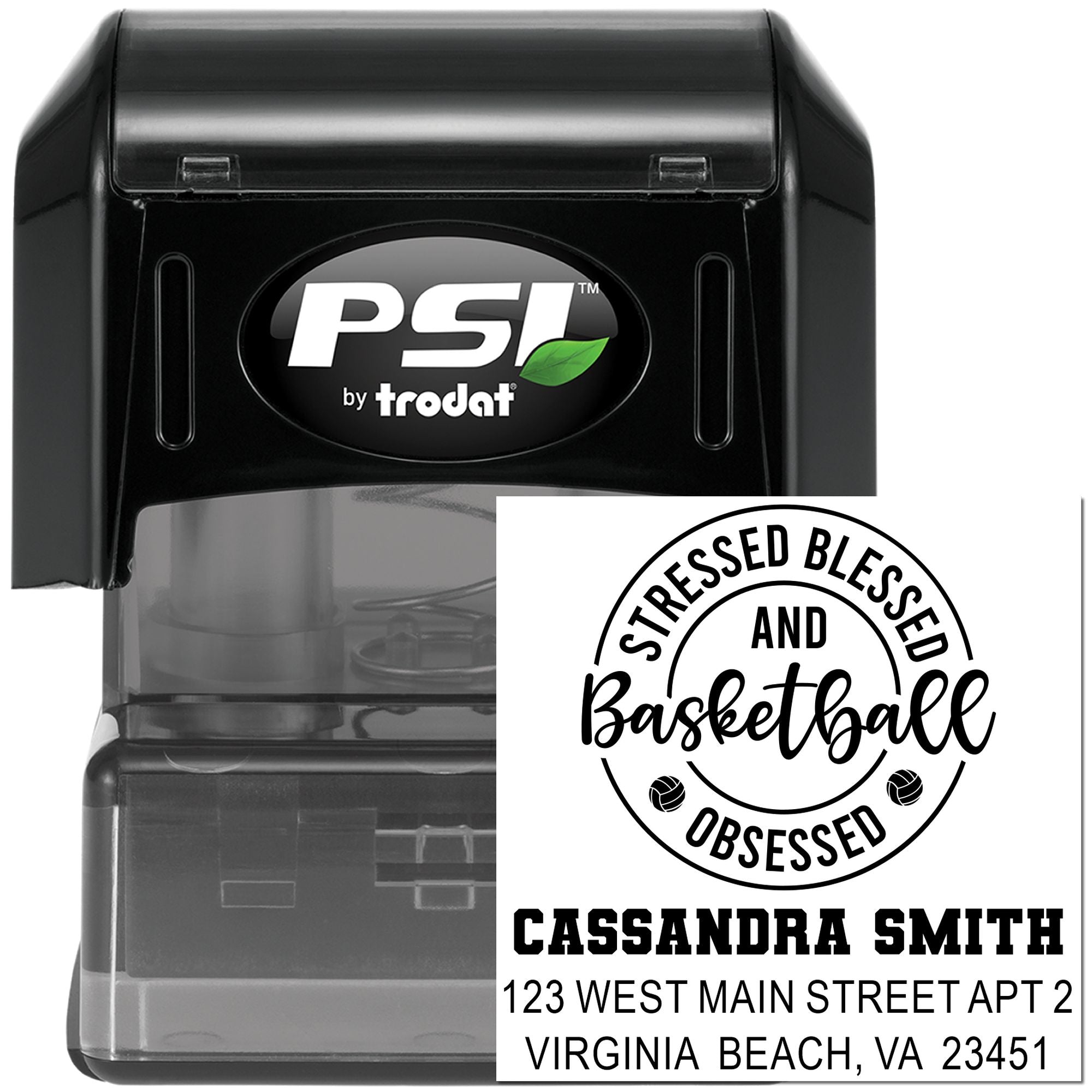 Custom basketball return address rubber stamp, personalized self-inking PSI by Trodat address stamp for names and mailing labels.