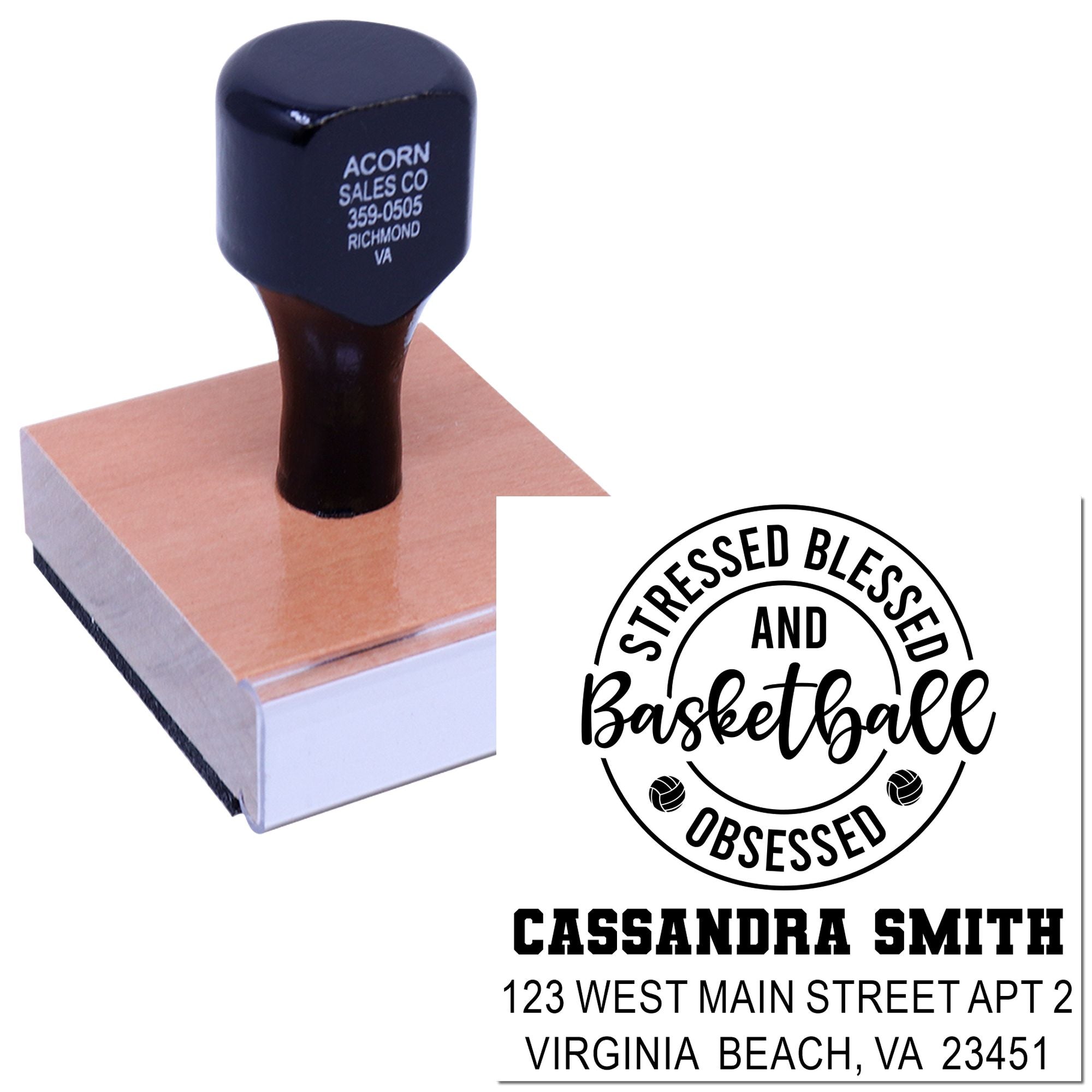 Custom basketball return address rubber stamp with wood handle, perfect for personalized sports-themed mailings.