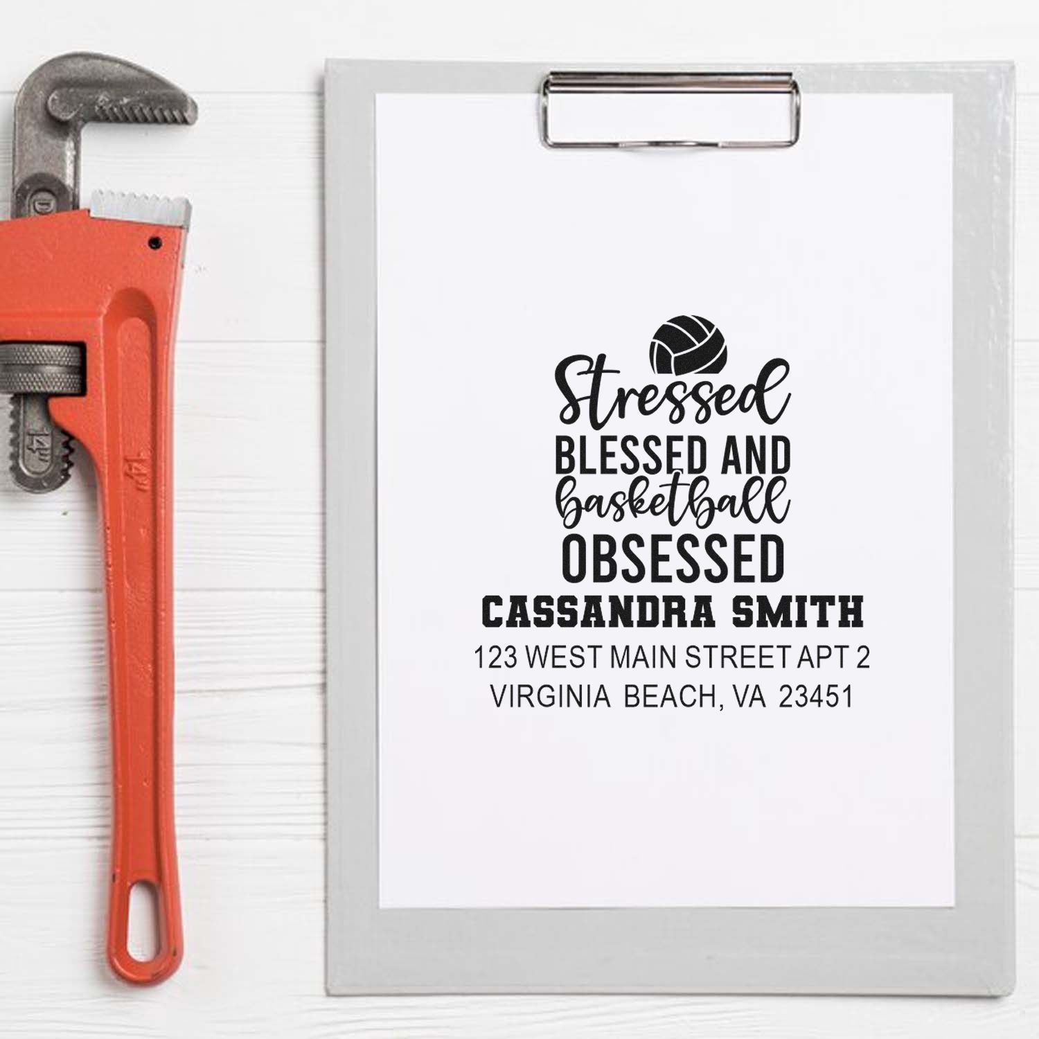 Custom rubber address stamp mockup with basketball icon, personalized name and return address, Stressed Blessed and Basketball Obsessed
