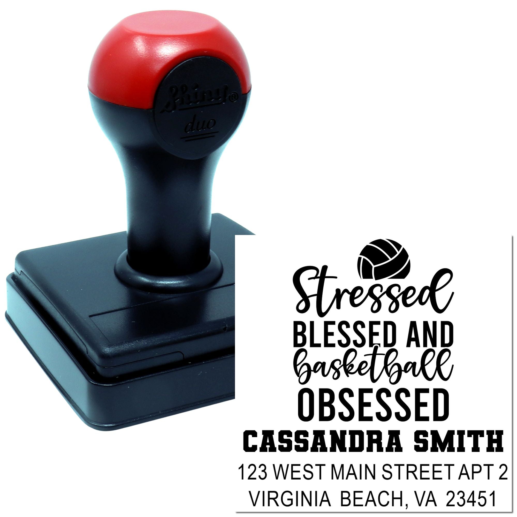 Personalized basketball rubber stamp with custom name and address, Stressed, Blessed and Basketball Obsessed design