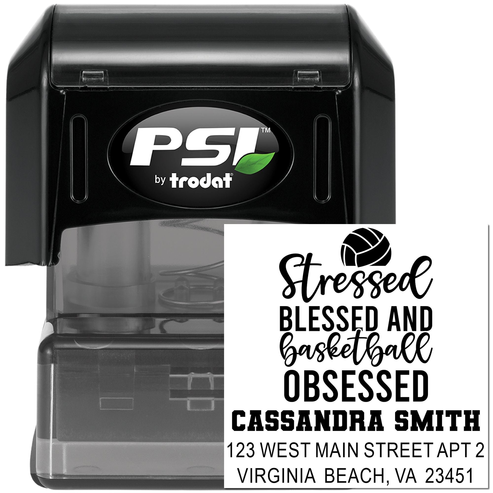PSI by Trodat self-inking rubber stamp with custom basketball address design and Stressed Blessed and Basketball Obsessed text