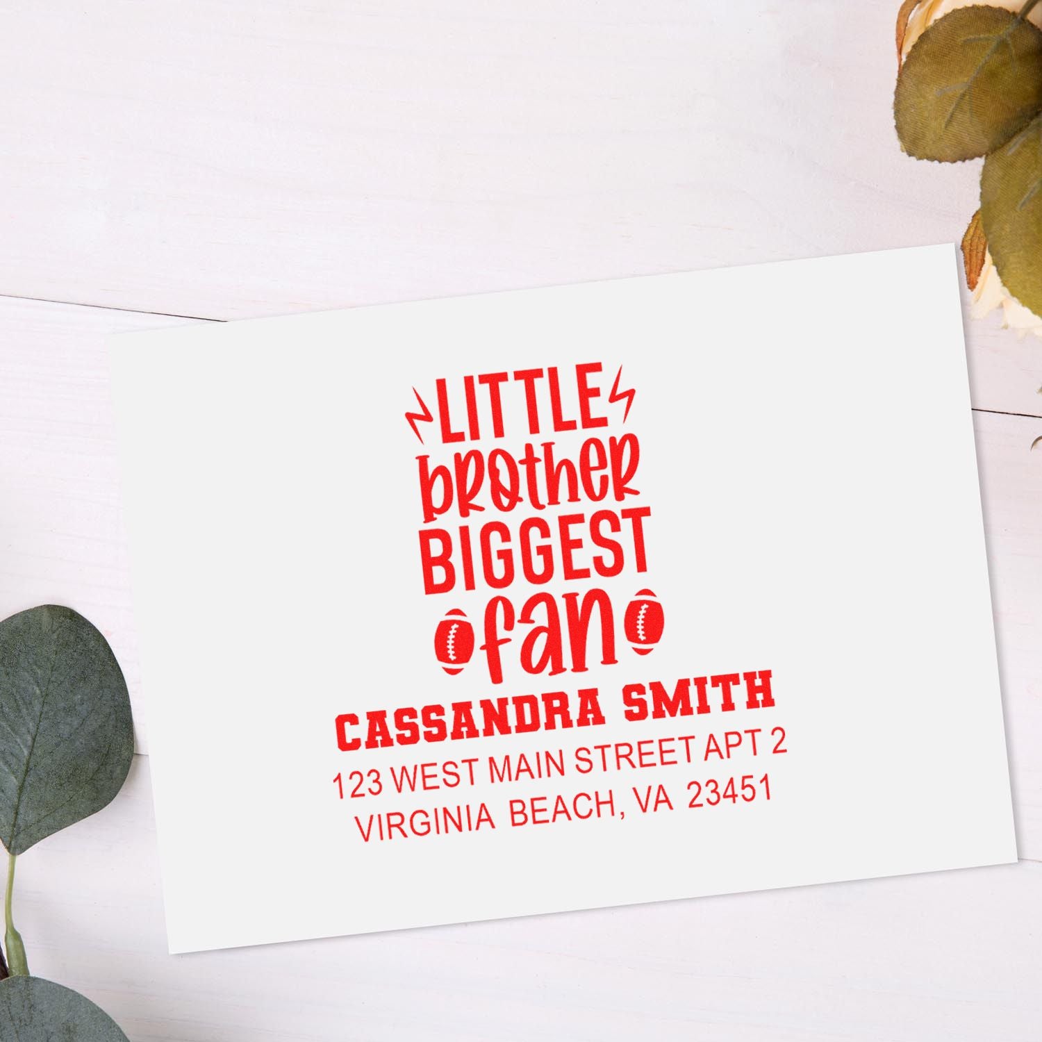 Personalized football rubber stamp design for little brothers biggest fan, with custom name and Virginia Beach address.