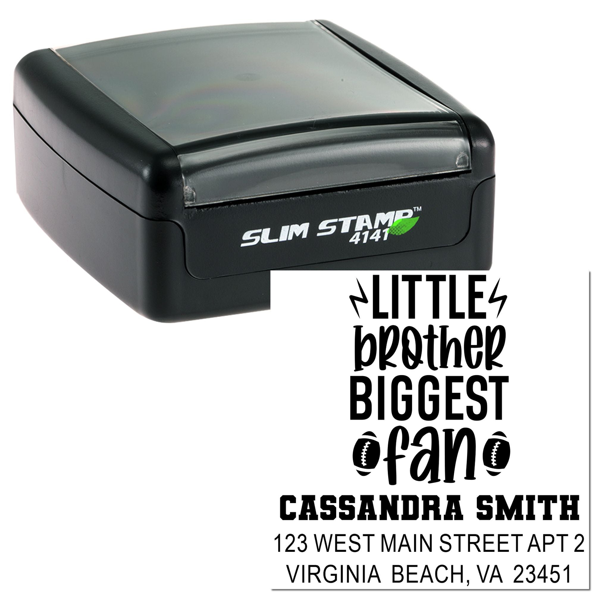 Personalized SlimStamp 4141 rubber stamp and sample Little Brother Biggest Fan custom address imprint