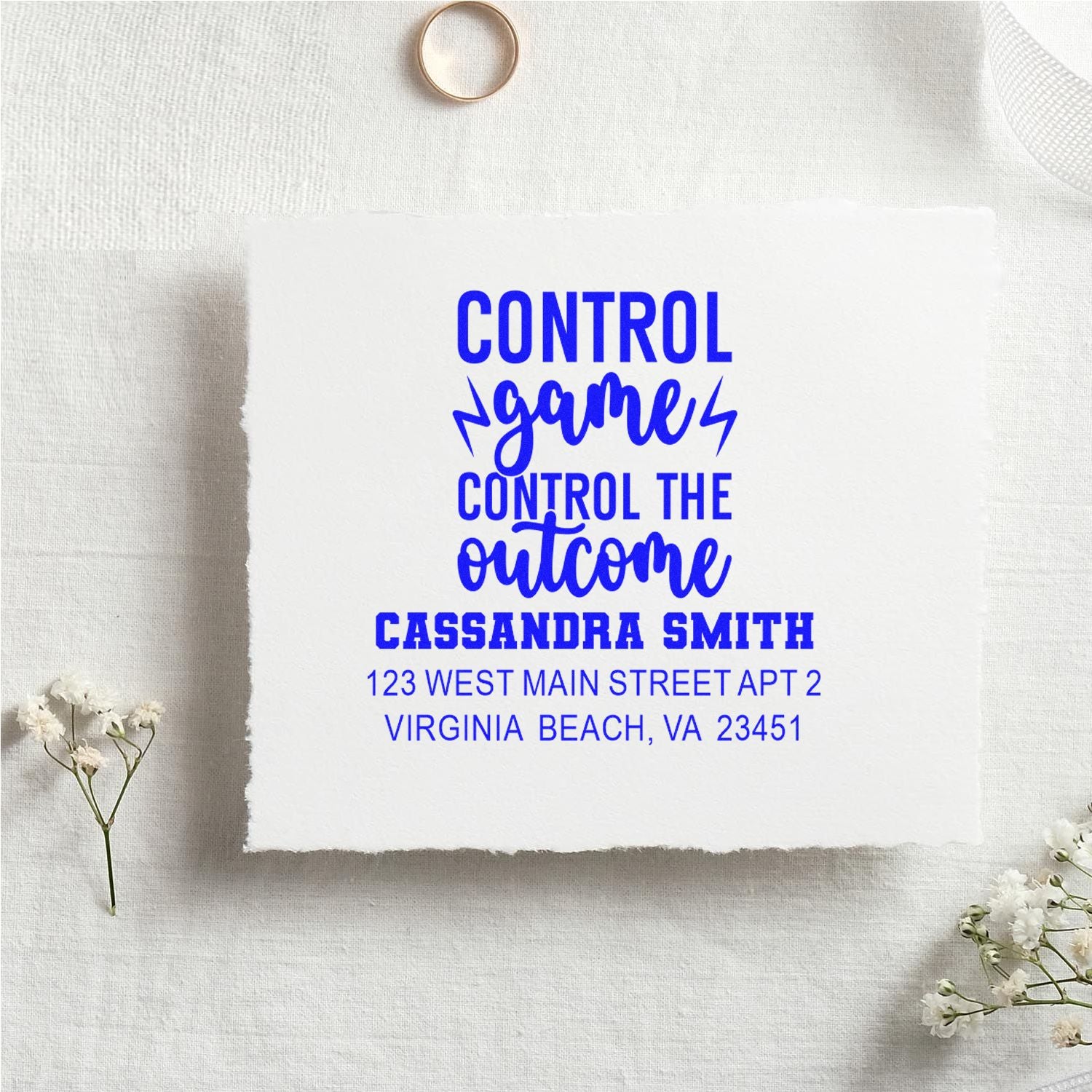 Custom rubber address stamp with Control games, control the outcome for Cassandra Smith, Virginia Beach, VA.