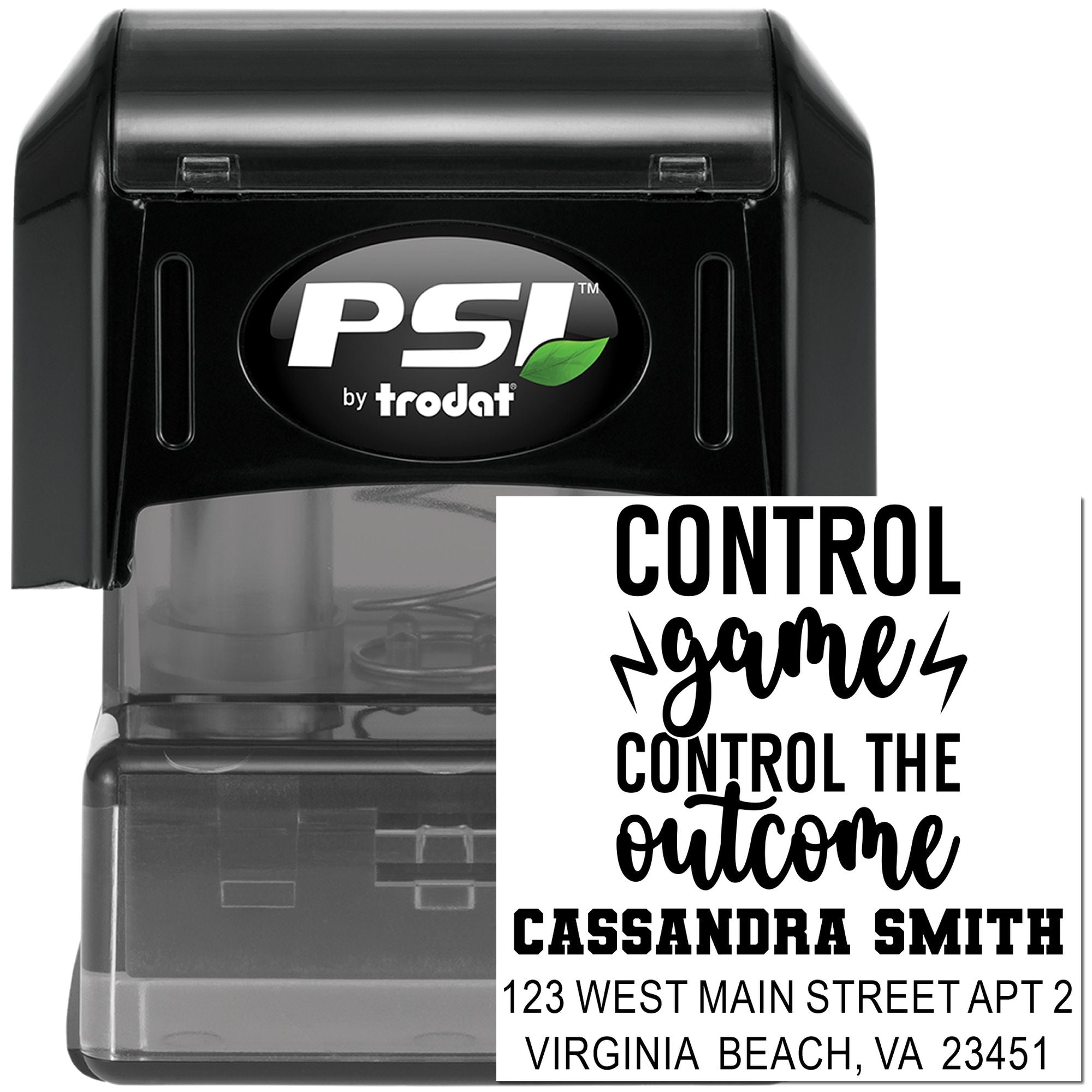 PSI by Trodat self-inking custom rubber stamp with return address and motivational message for personalized mailings.