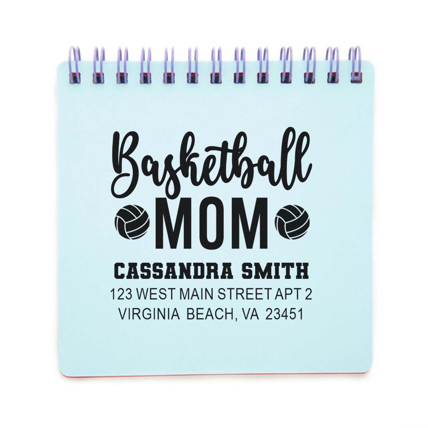 Custom basketball mom rubber stamp with name and address for personalized mailing, stationery, and gift tags.