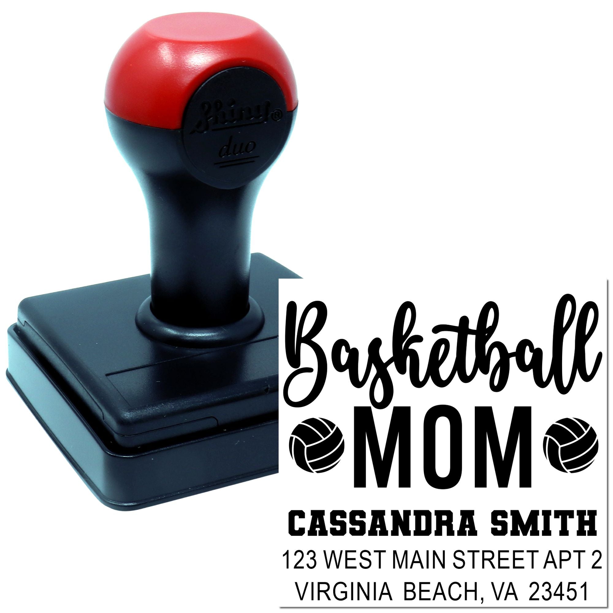 Custom self-inking basketball mom return address stamp with name and address for personalized mail and crafts.